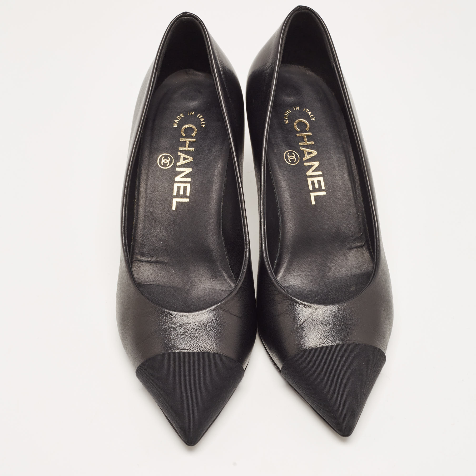Chanel Black Leather And Canvas CC Pointed Toe Pumps Size 36