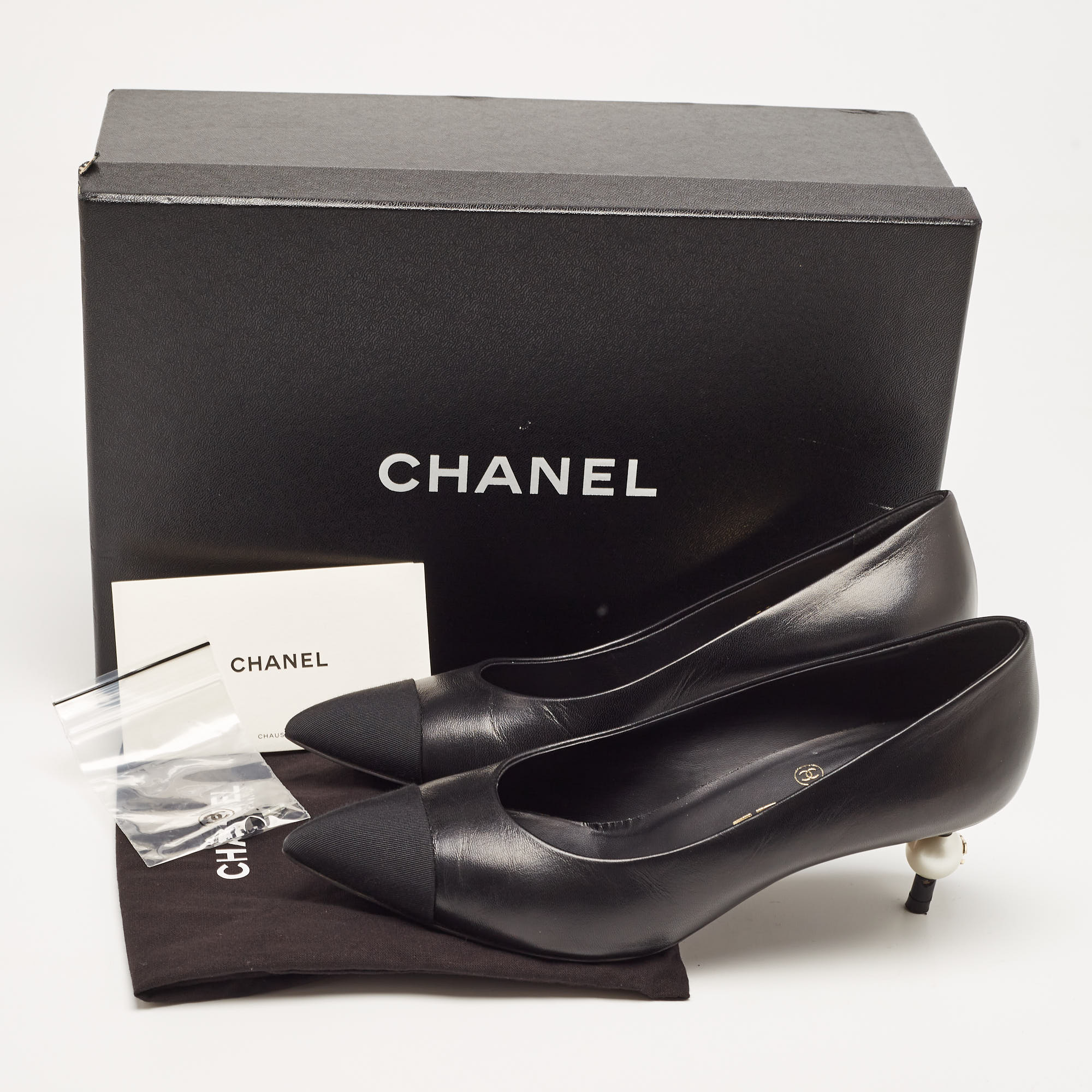 Chanel Black Leather And Canvas CC Pointed Toe Pumps Size 36