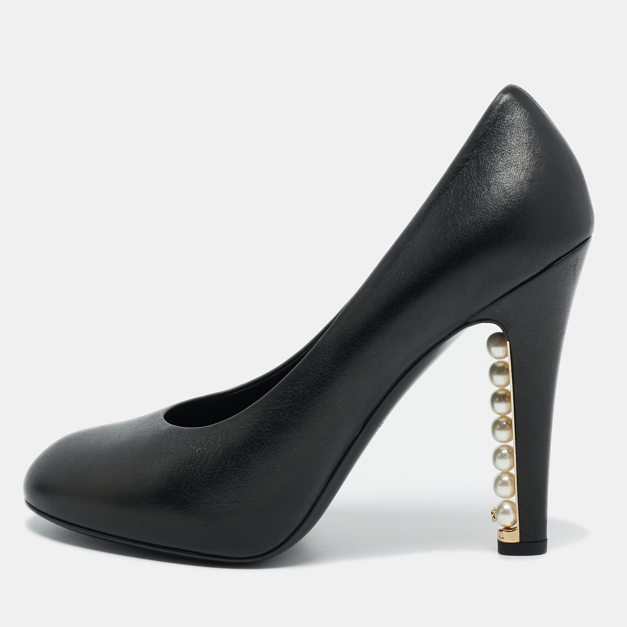 Chanel Black Leather CC Pearl Embellished Heel Pumps Size 39
