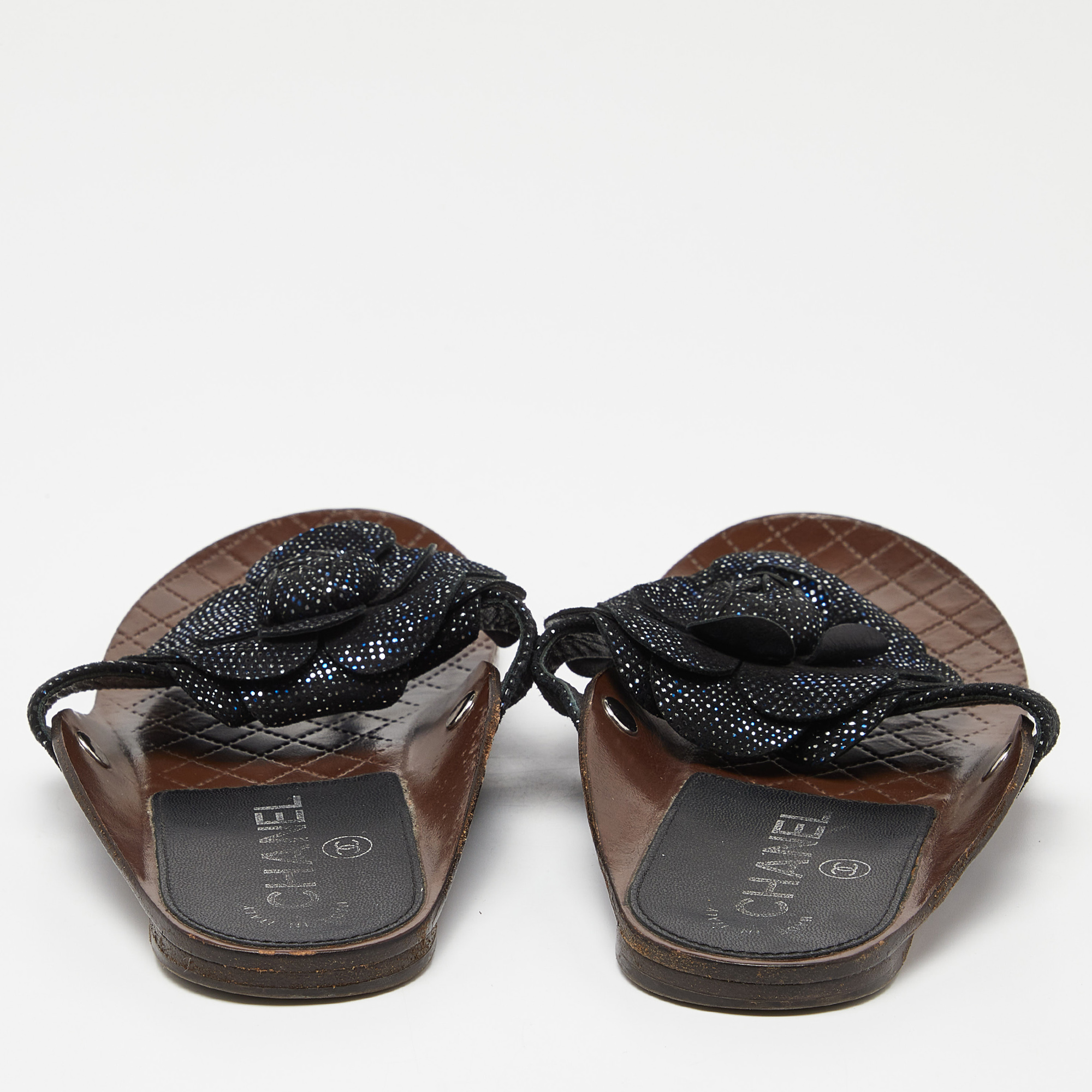 Chanel Black Metallic Suede Camellia Thong Sandals Size 35