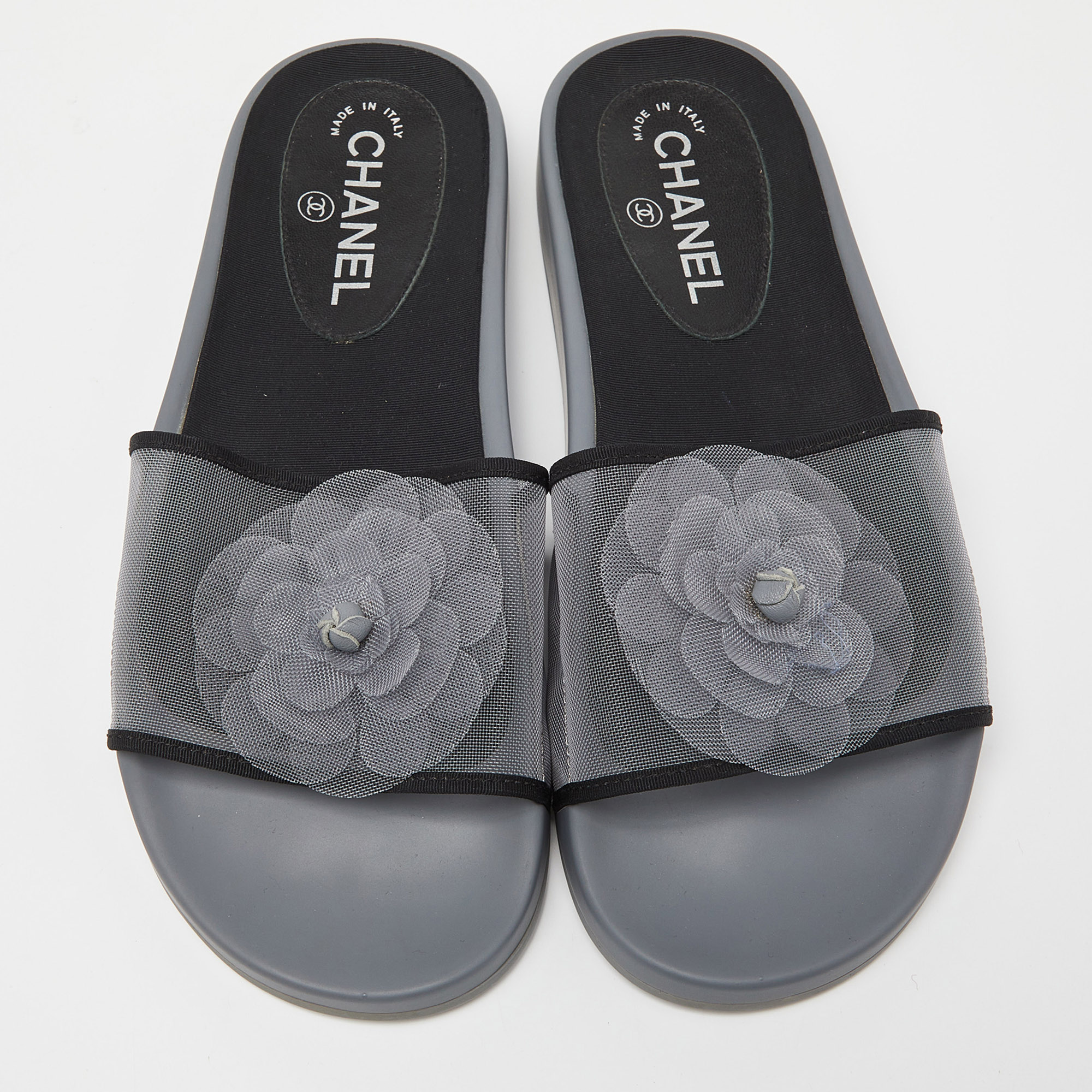 Chanel Grey/Black Mesh Camellia Slide Flat Sandals Size 39