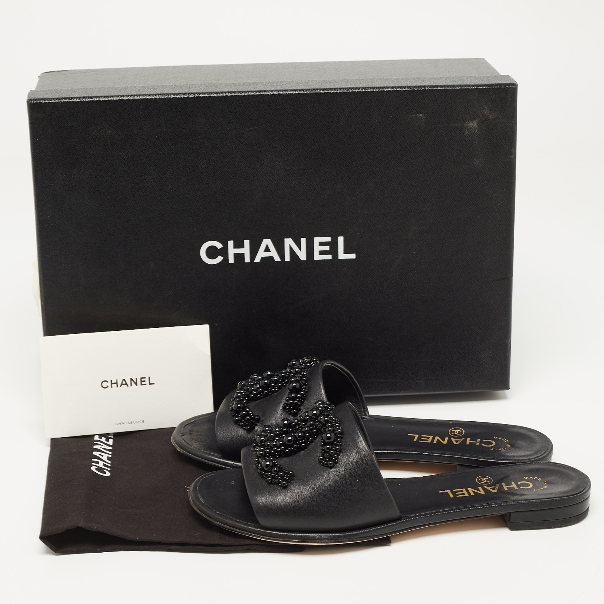 Chanel Black Leather Embellished CC Flat Slides Size 36
