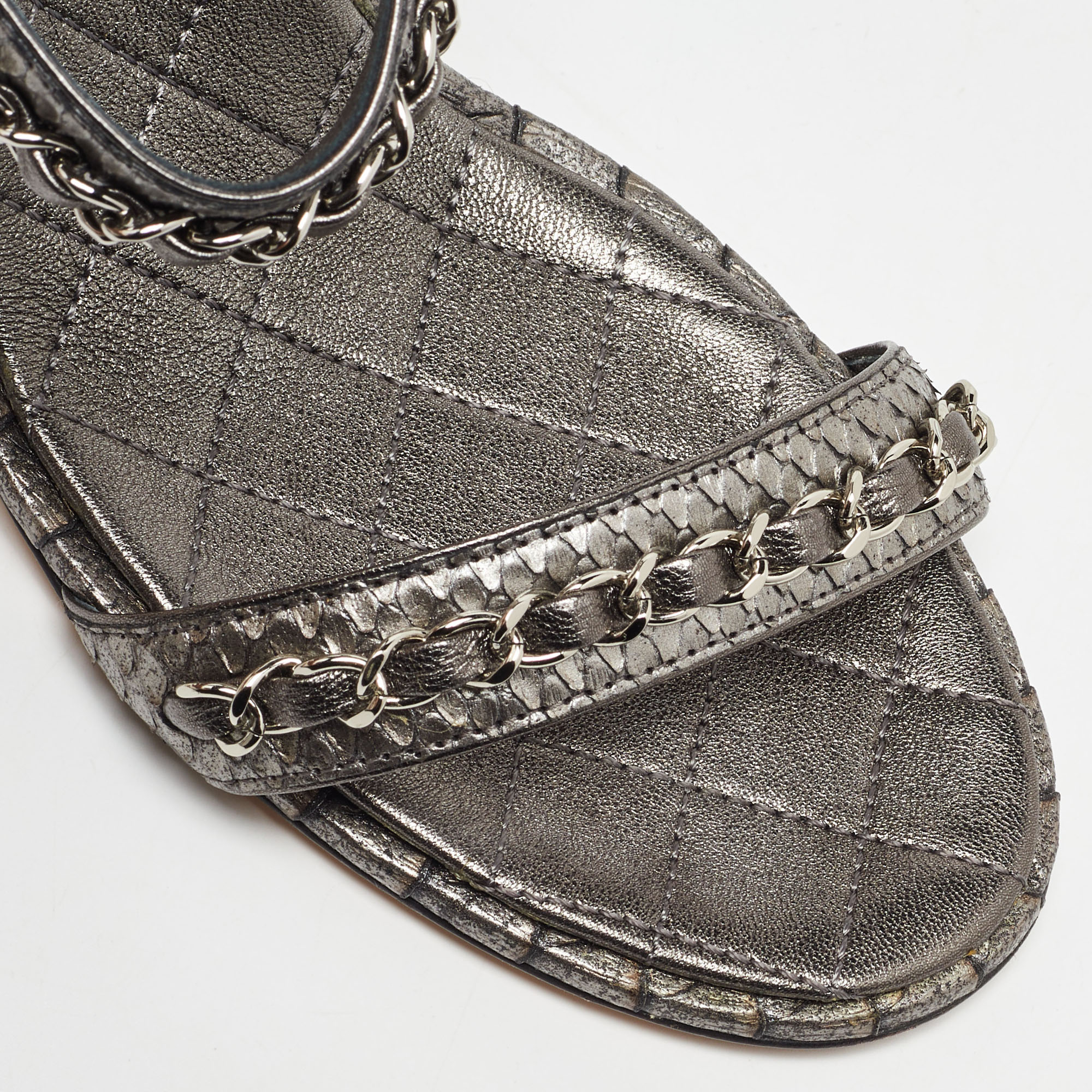Chanel Metallic Grey Python Chain Detail Ankle Strap Sandals Size 39