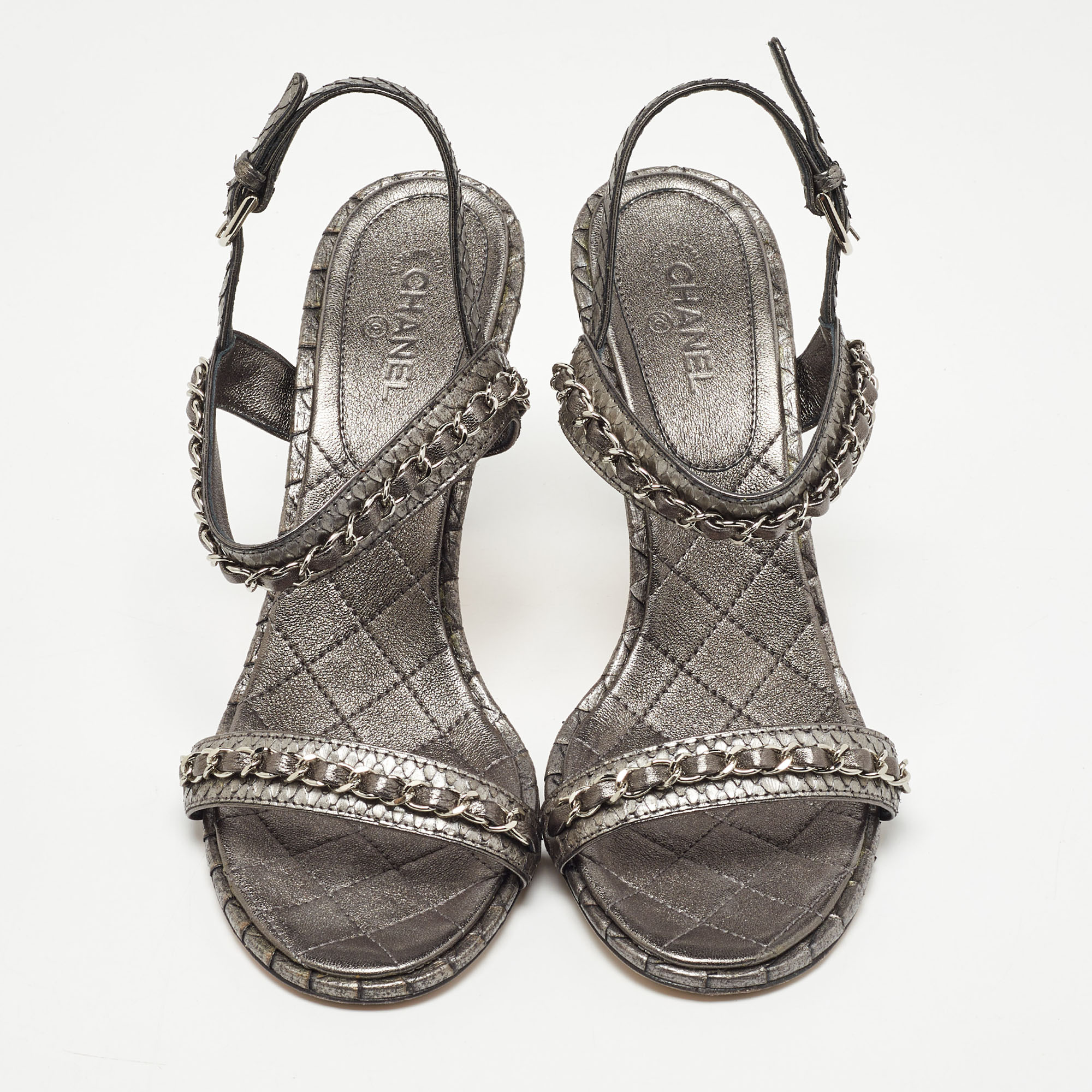 Chanel Metallic Grey Python Chain Detail Ankle Strap Sandals Size 39