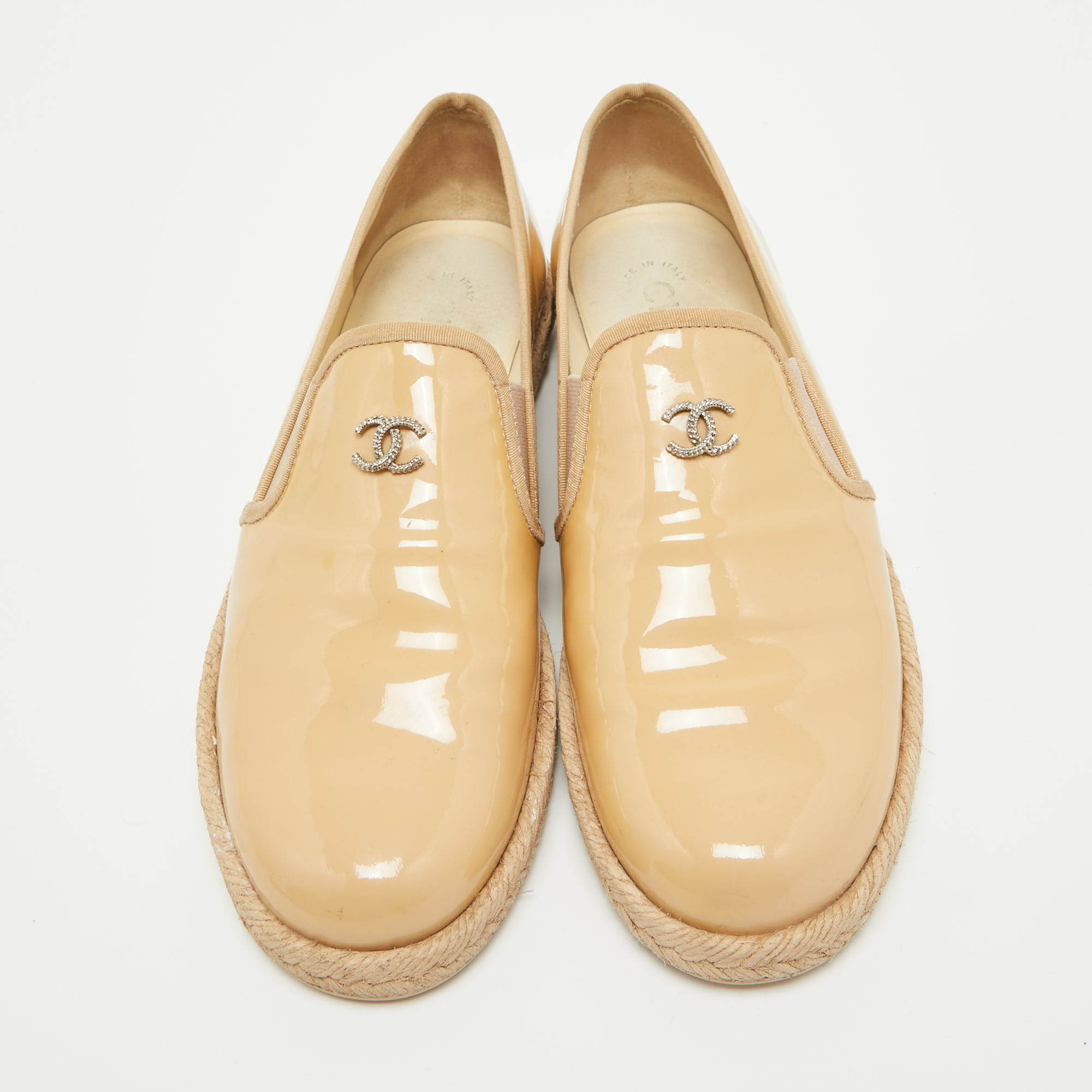 Chanel Beige Patent Leather CC Espadrille Loafers Size 36.5