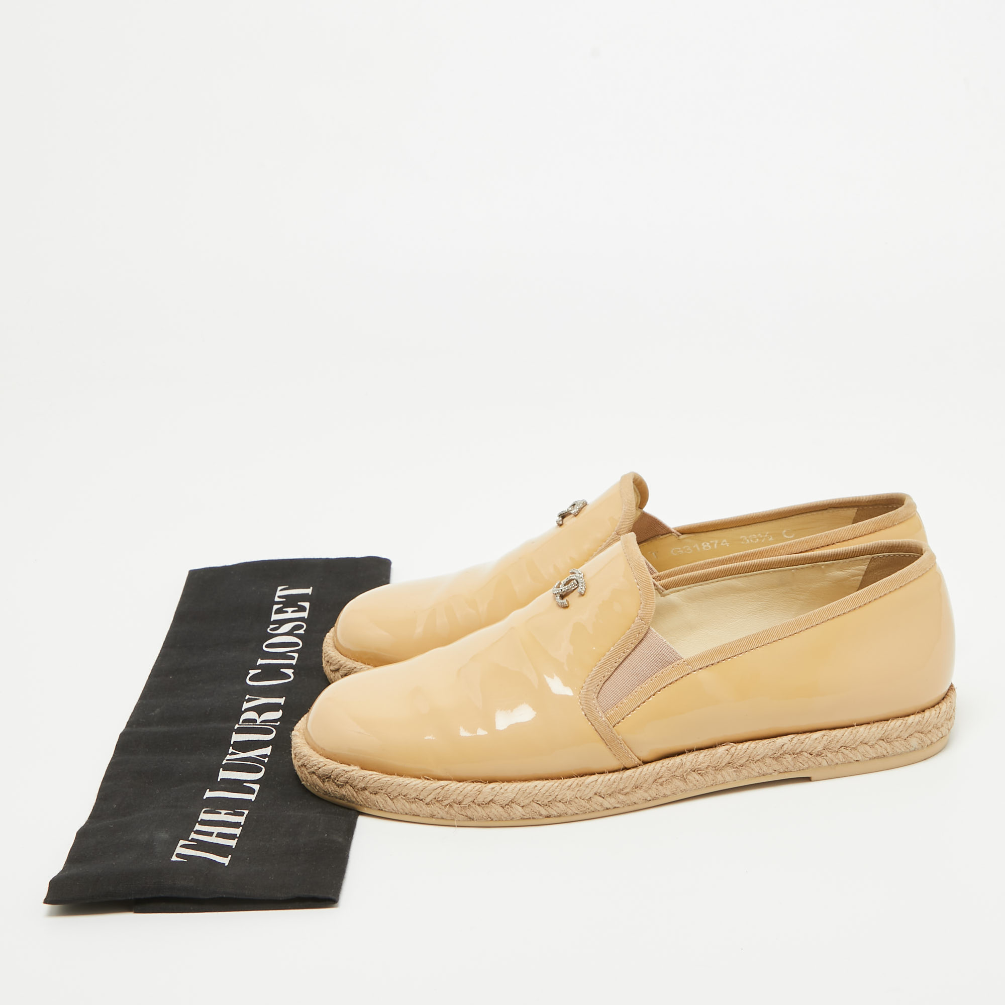 Chanel Beige Patent Leather CC Espadrille Loafers Size 36.5