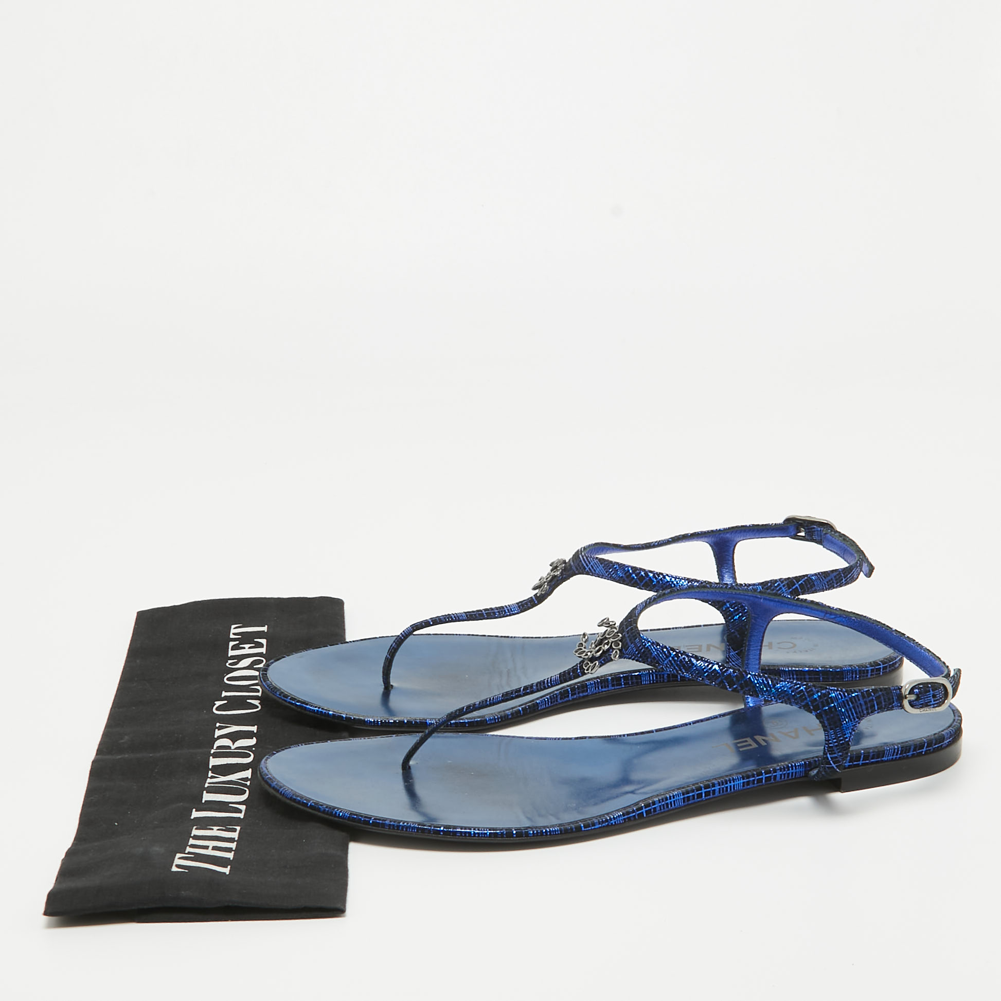 Chanel Blue Suede CC Studded Thong Sandals Size 41