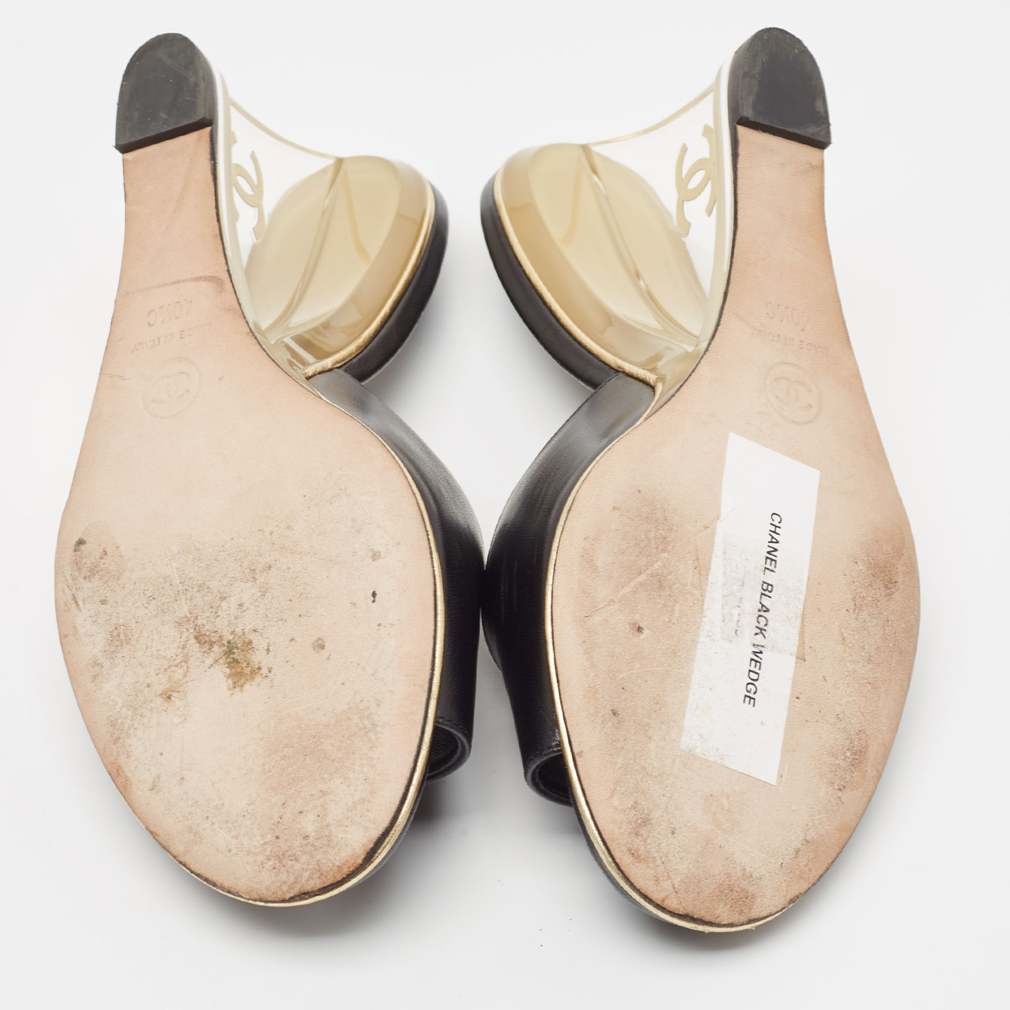 Chanel Black Leather CC Wedge Slide Sandals Size 40.5