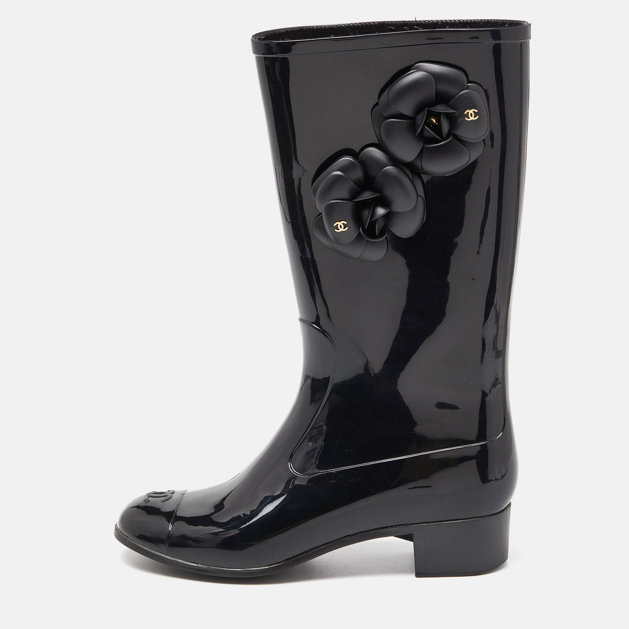 Chanel Black Rubber CC Camellia Rain Boots Size 38
