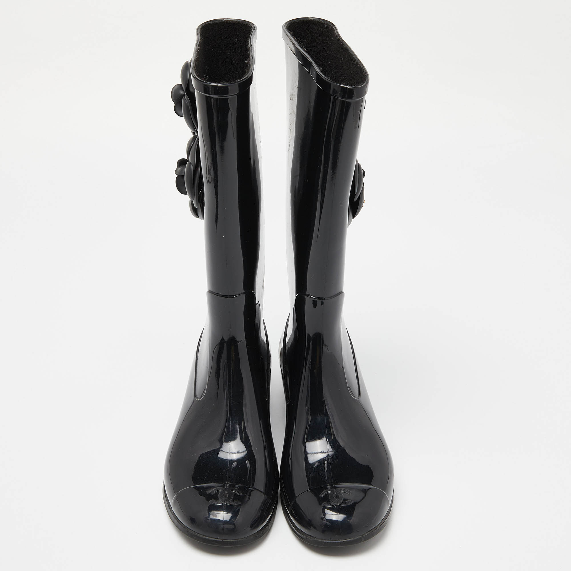 Chanel Black Rubber CC Camellia Rain Boots Size 38