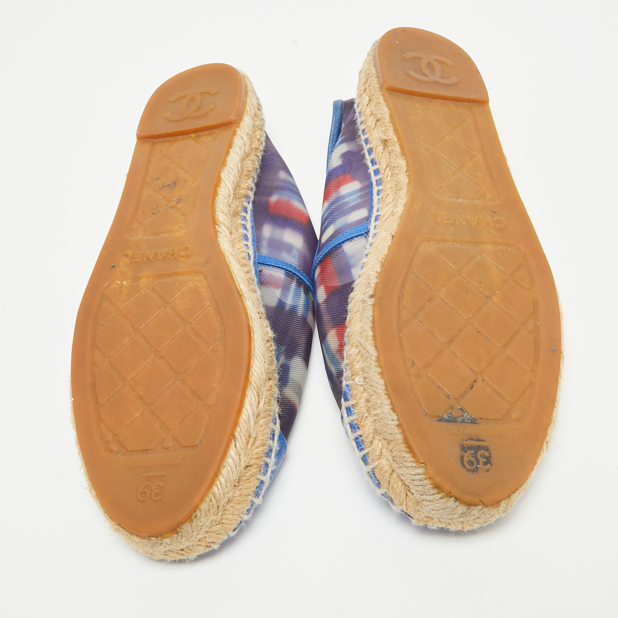 Chanel Blue Printed Mesh And Leather CC Espadrille Flats Size 39