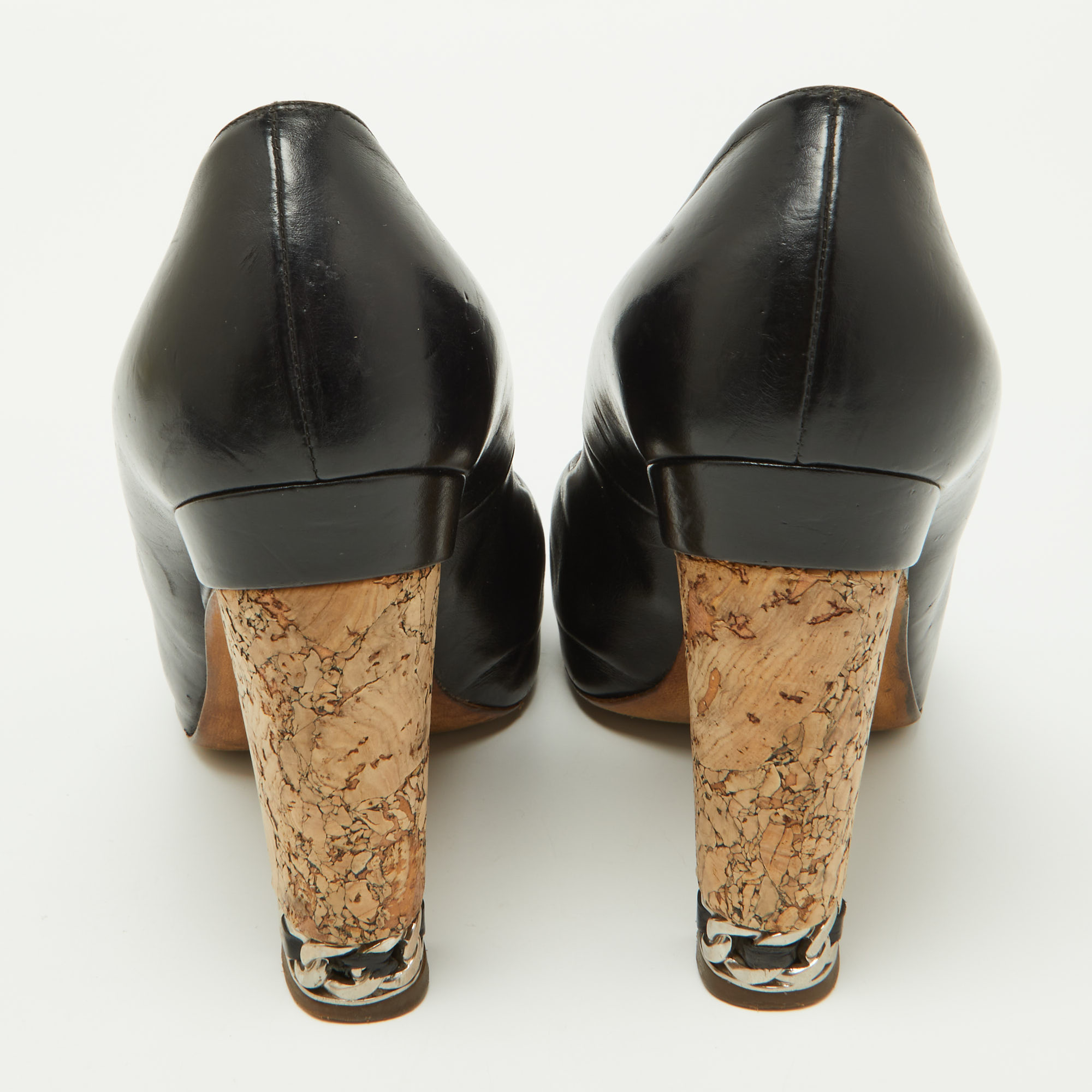 Chanel Black Leather Chain Link Cork Heel Open Toe Pumps Size 38.5