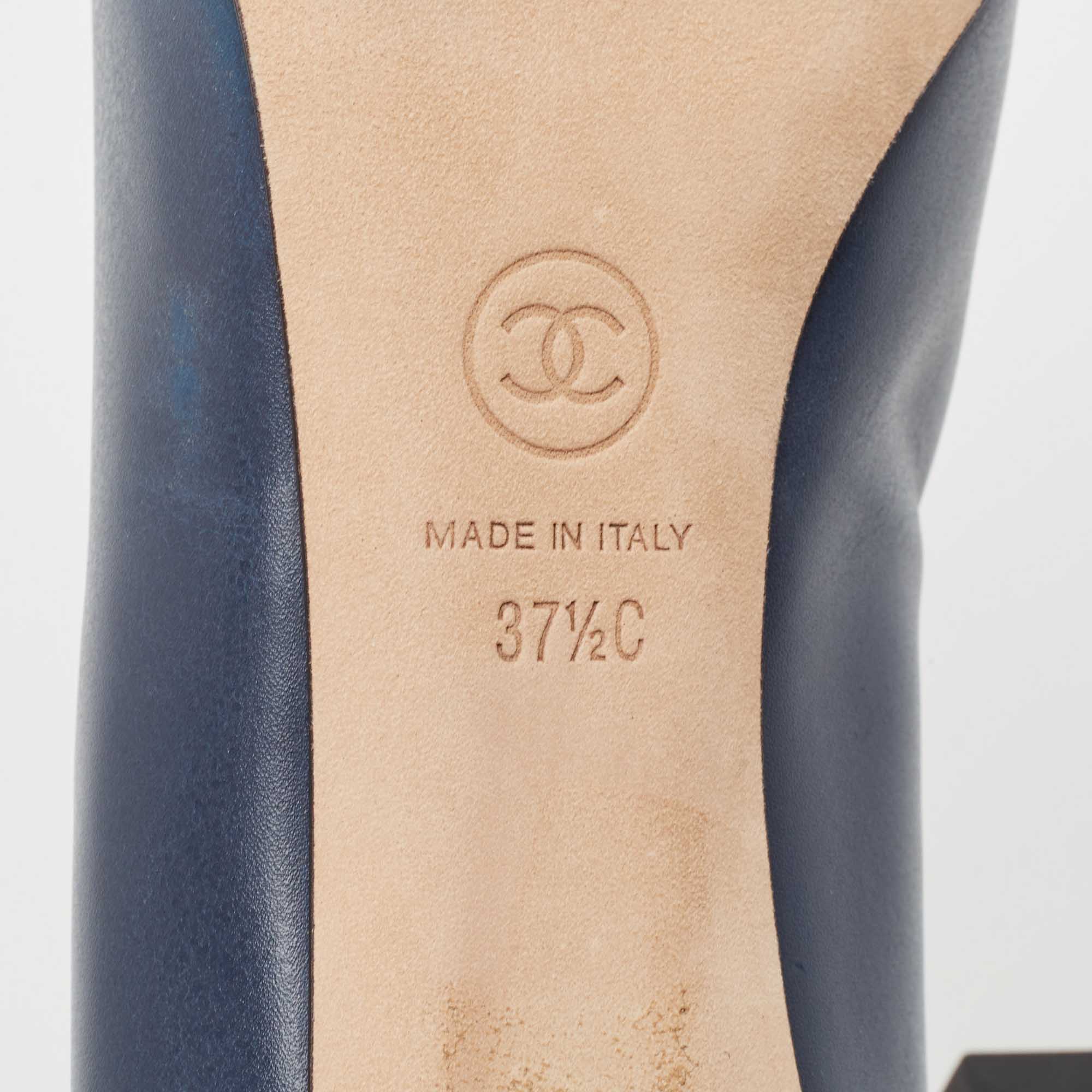 Chanel Navy Blue Leather Cap Toe Pumps Size 37.5