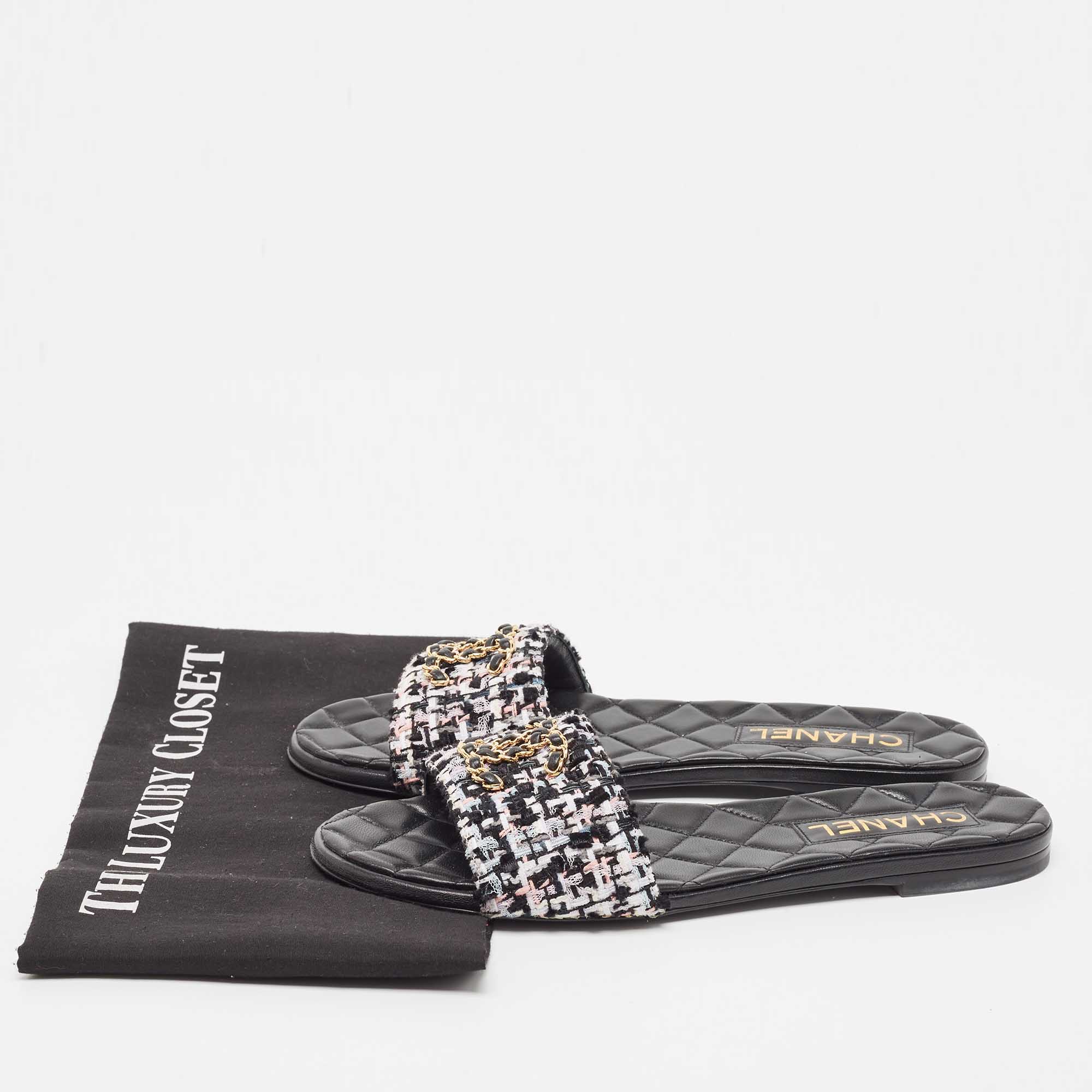 Chanel Multicolor Tweed Interlocking CC Logo Flat Slides Size 38.5