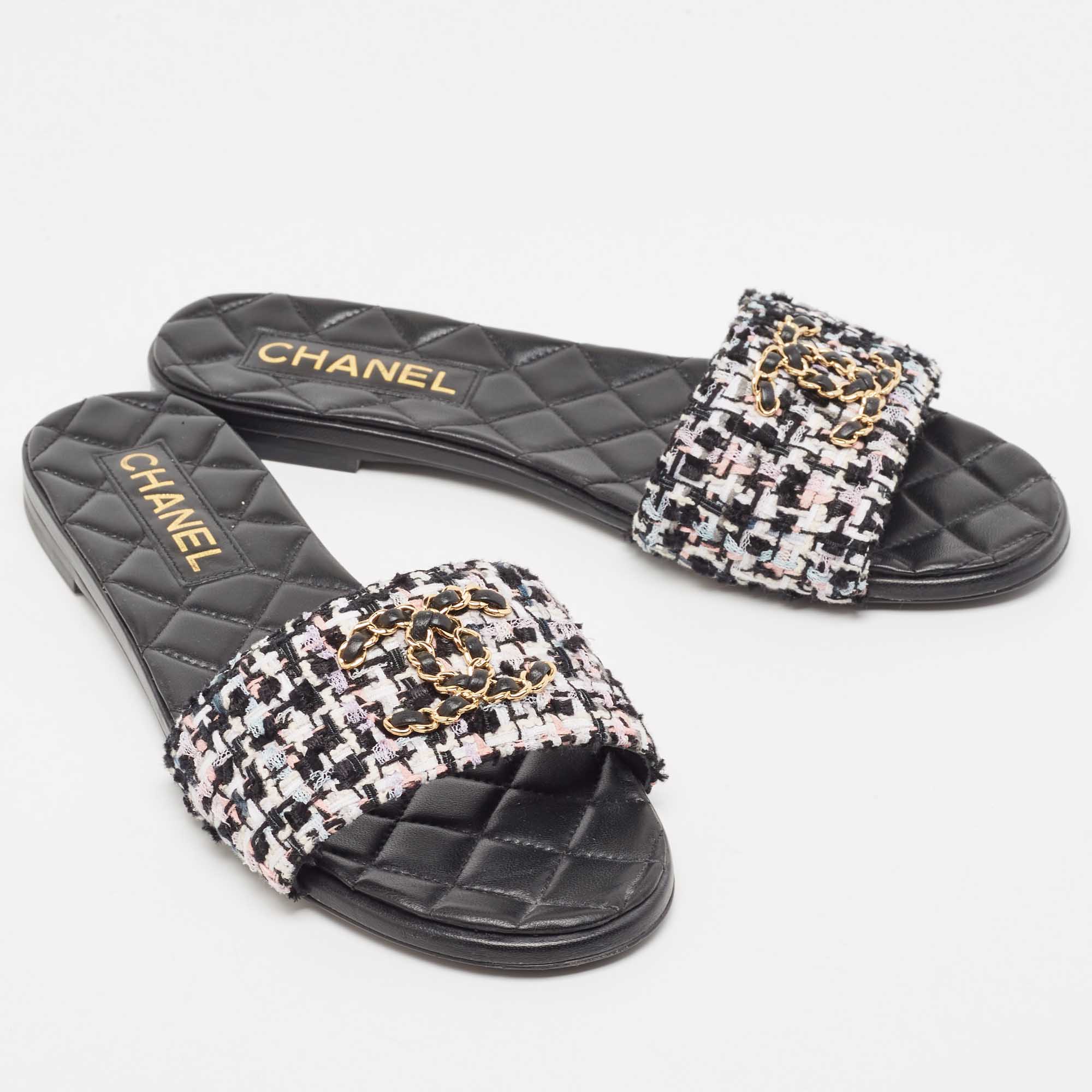 Chanel Multicolor Tweed Interlocking CC Logo Flat Slides Size 38.5