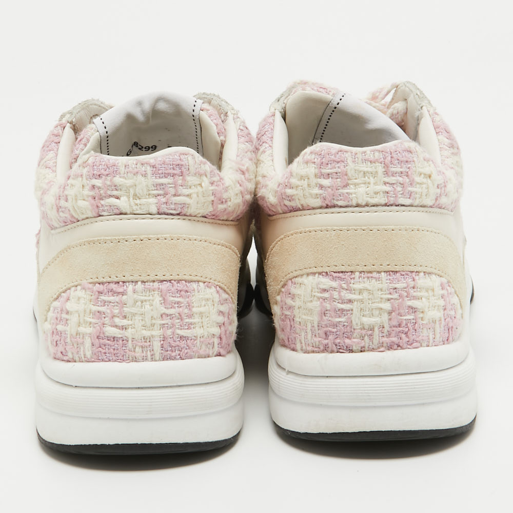 Chanel Cream/Pink Tweed And Leather CC Low Top Sneakers Size 36.5