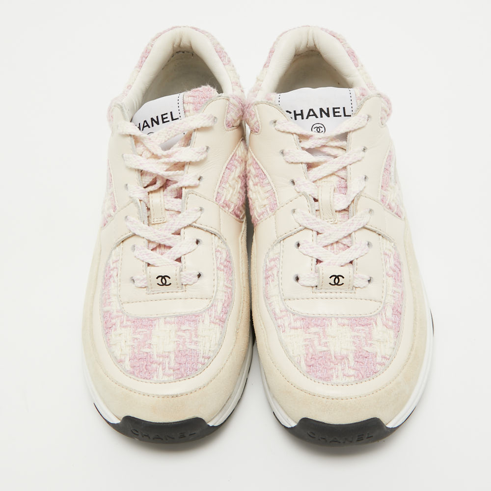 Chanel Cream/Pink Tweed And Leather CC Low Top Sneakers Size 36.5