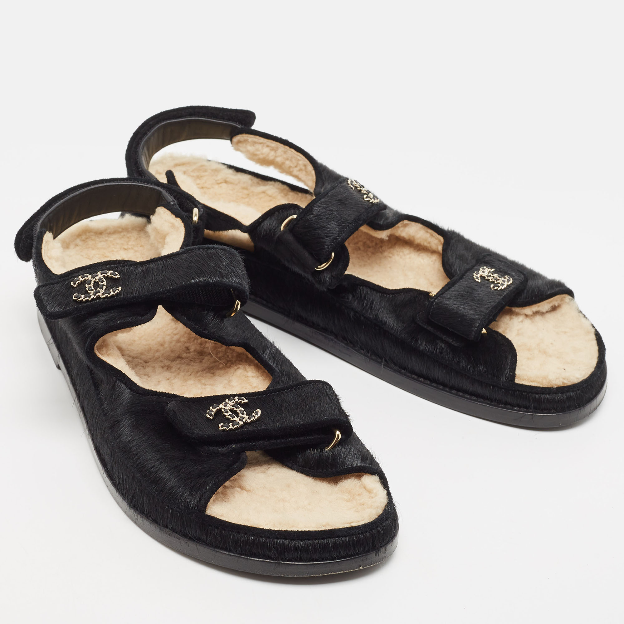 Chanel Black Calf Hair Dad Embellished CC Slingback Flat Sandals Size 42