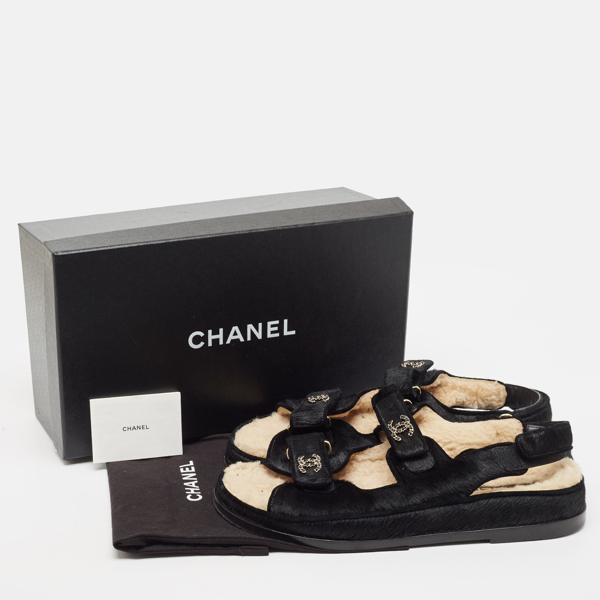 Chanel Black Calf Hair Dad Embellished CC Slingback Flat Sandals Size 42