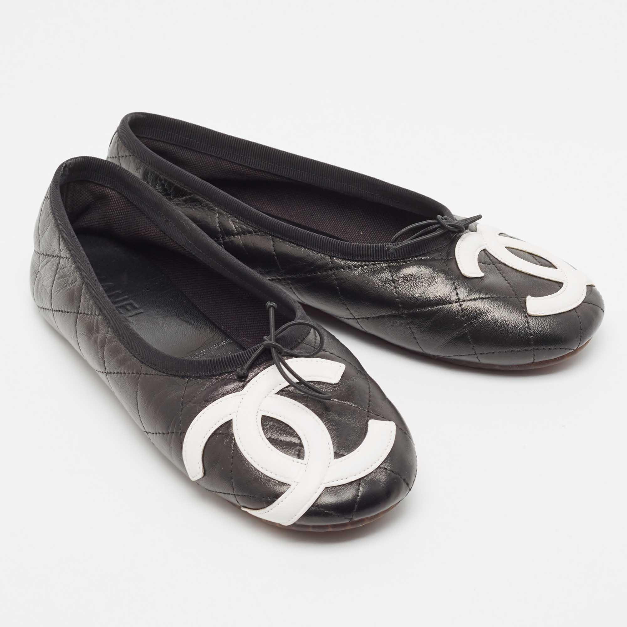 Chanel Black Quilted Leather Cambon Bow Ballet Flats Size 39