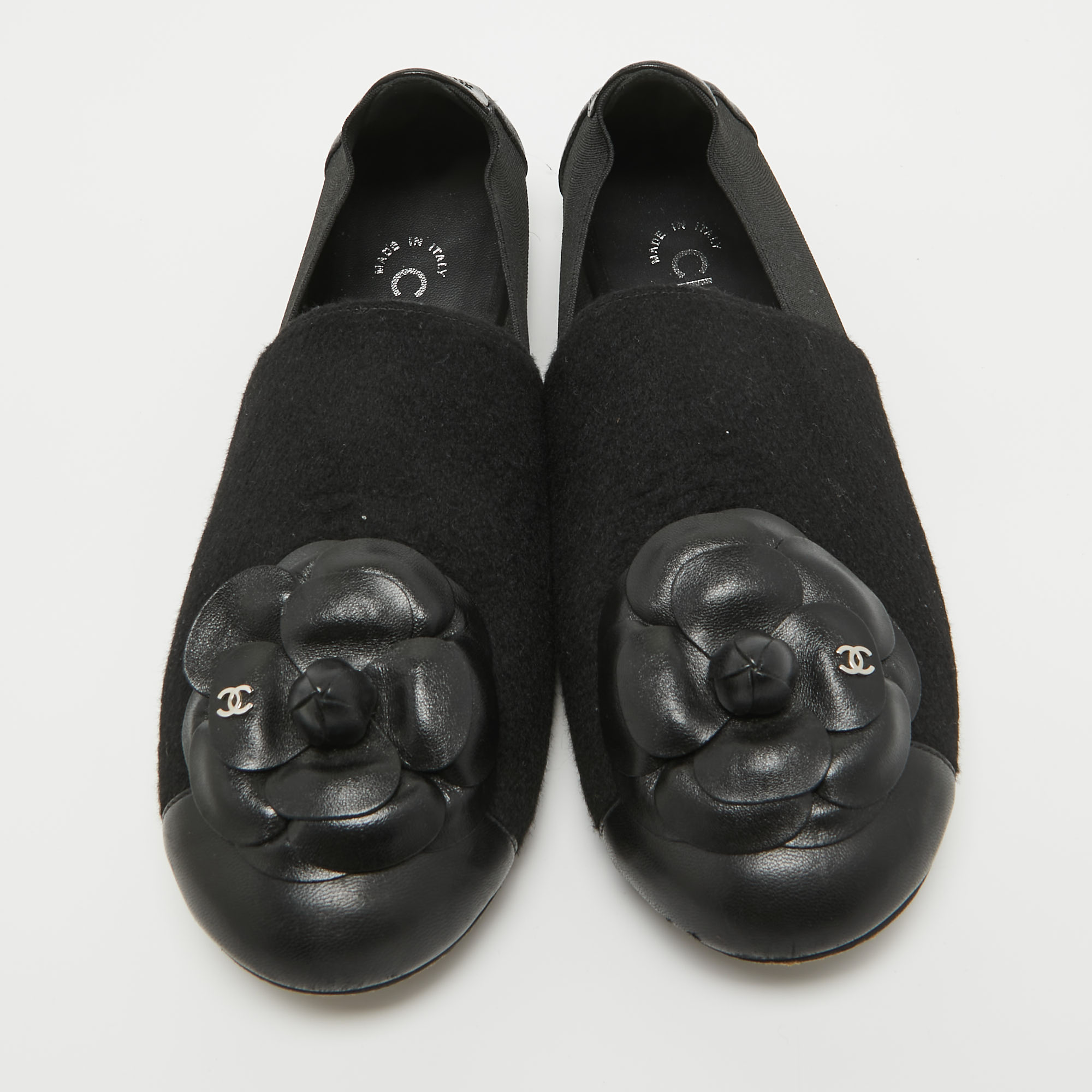 Chanel Black Felt And Leather CC Camellia Slip On Loafers Size 40