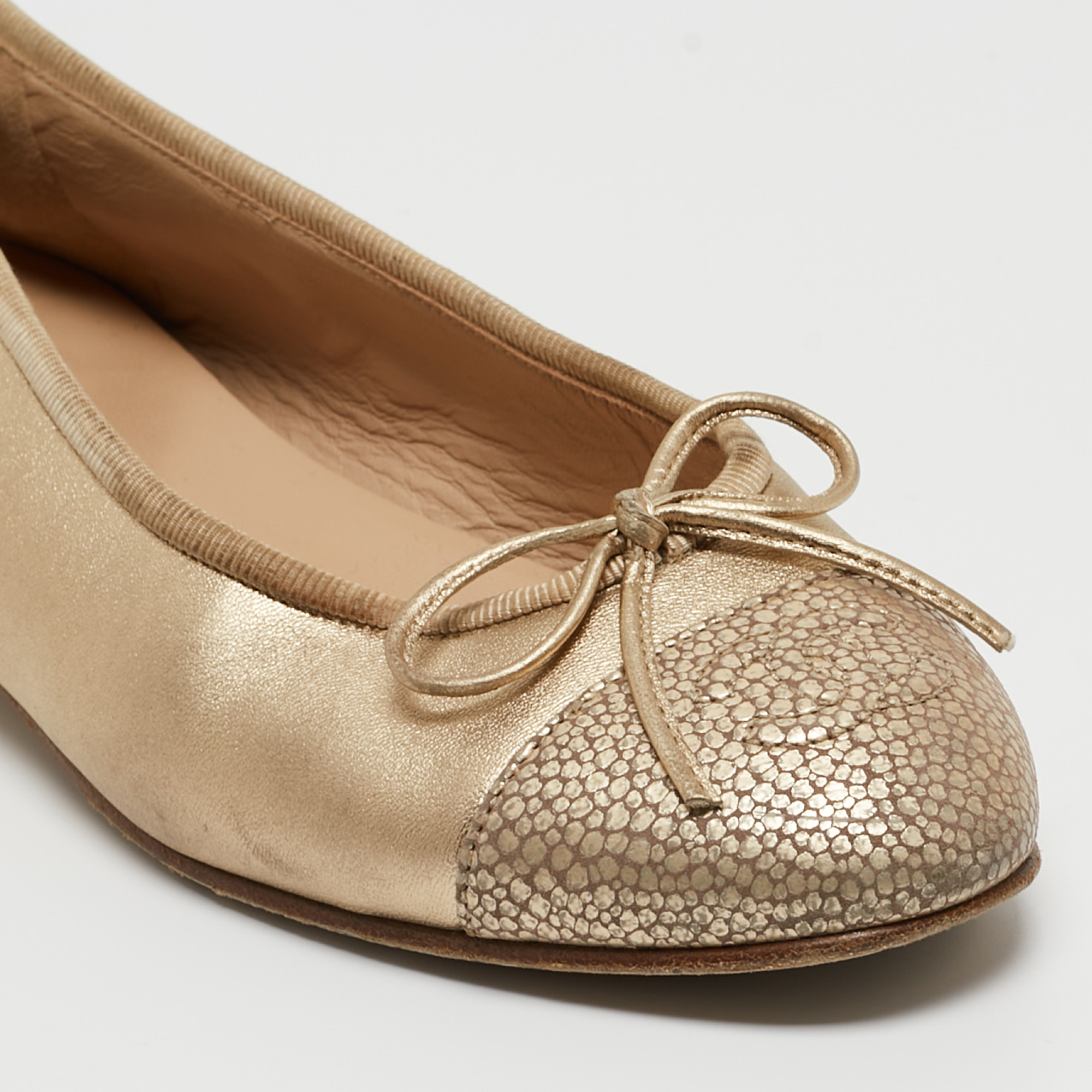 Chanel Gold Leather CC Cap Toe Bow Ballet Flats Size 34.5