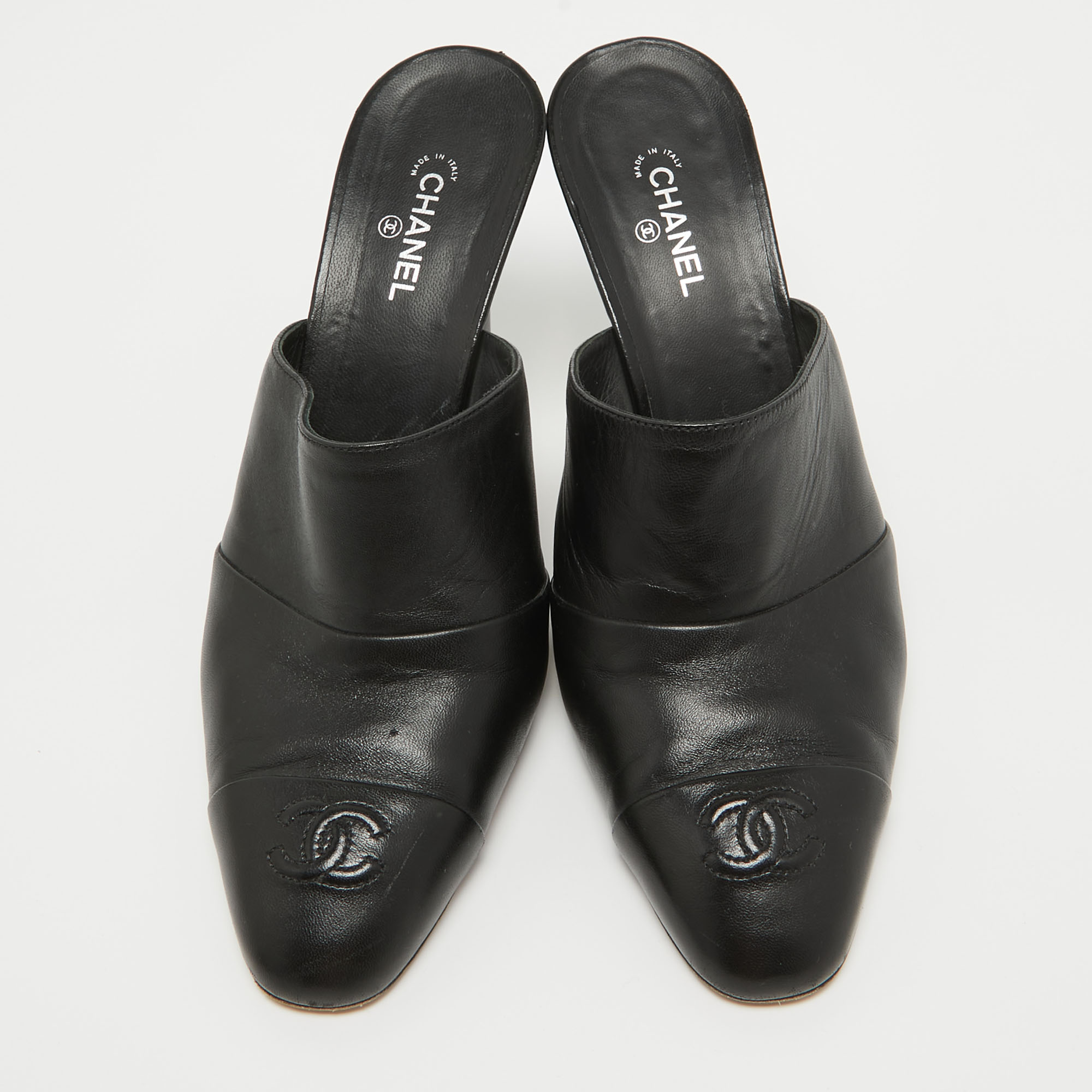 Chanel Black Leather CC Mules Size 41.5