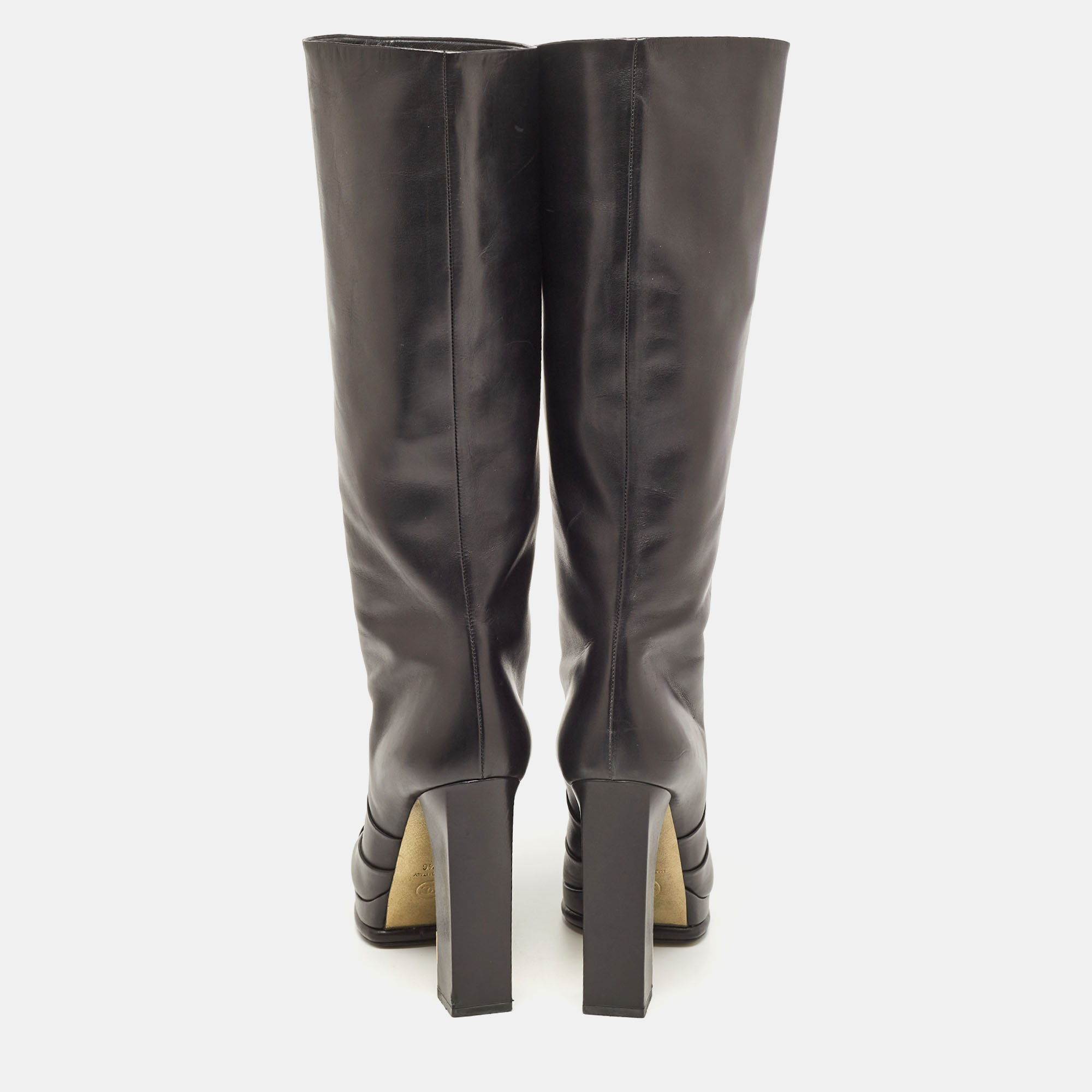 Chanel Black Leather Platform Knee Length CC Block Heel Boots Size 40.5