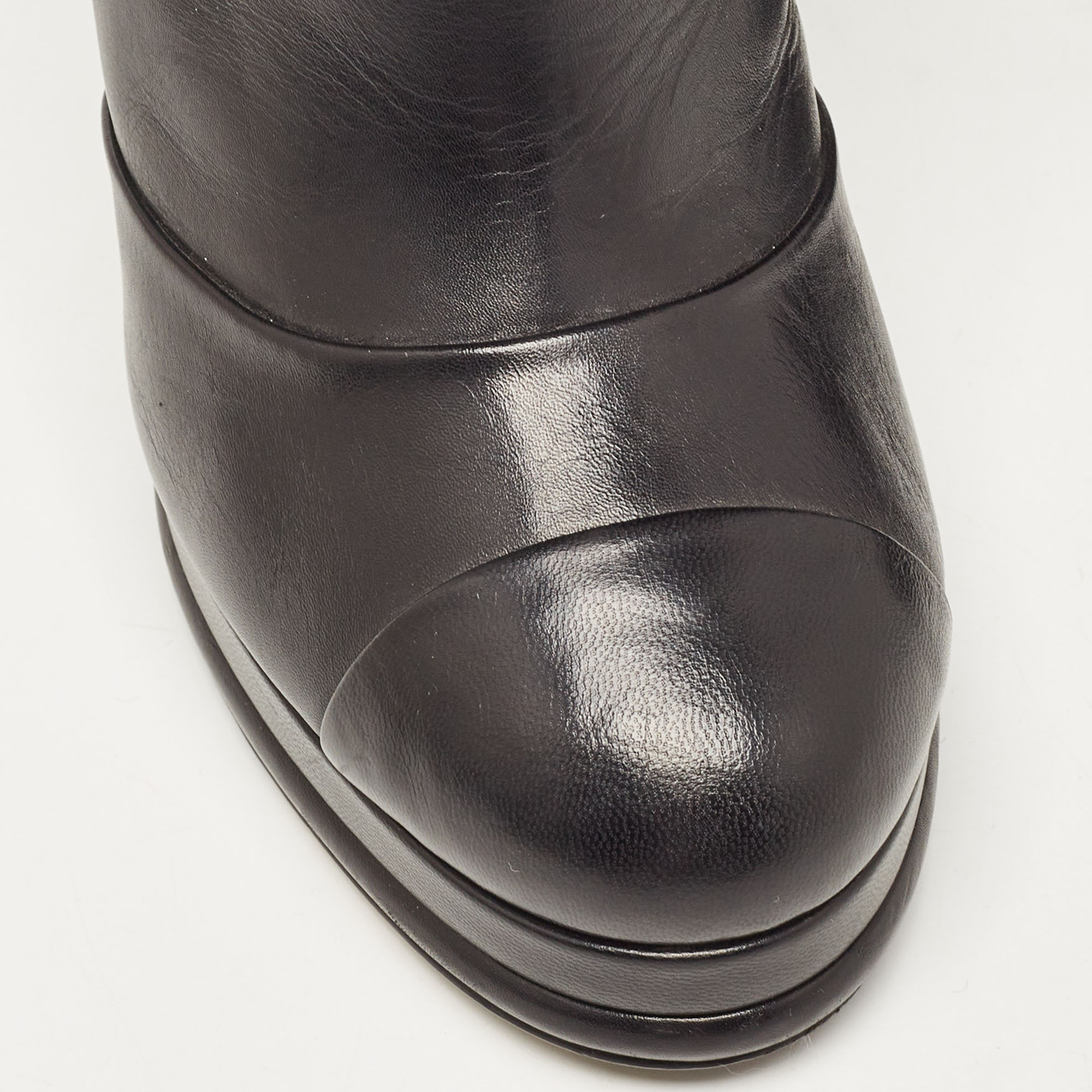 Chanel Black Leather Platform Knee Length CC Block Heel Boots Size 40.5