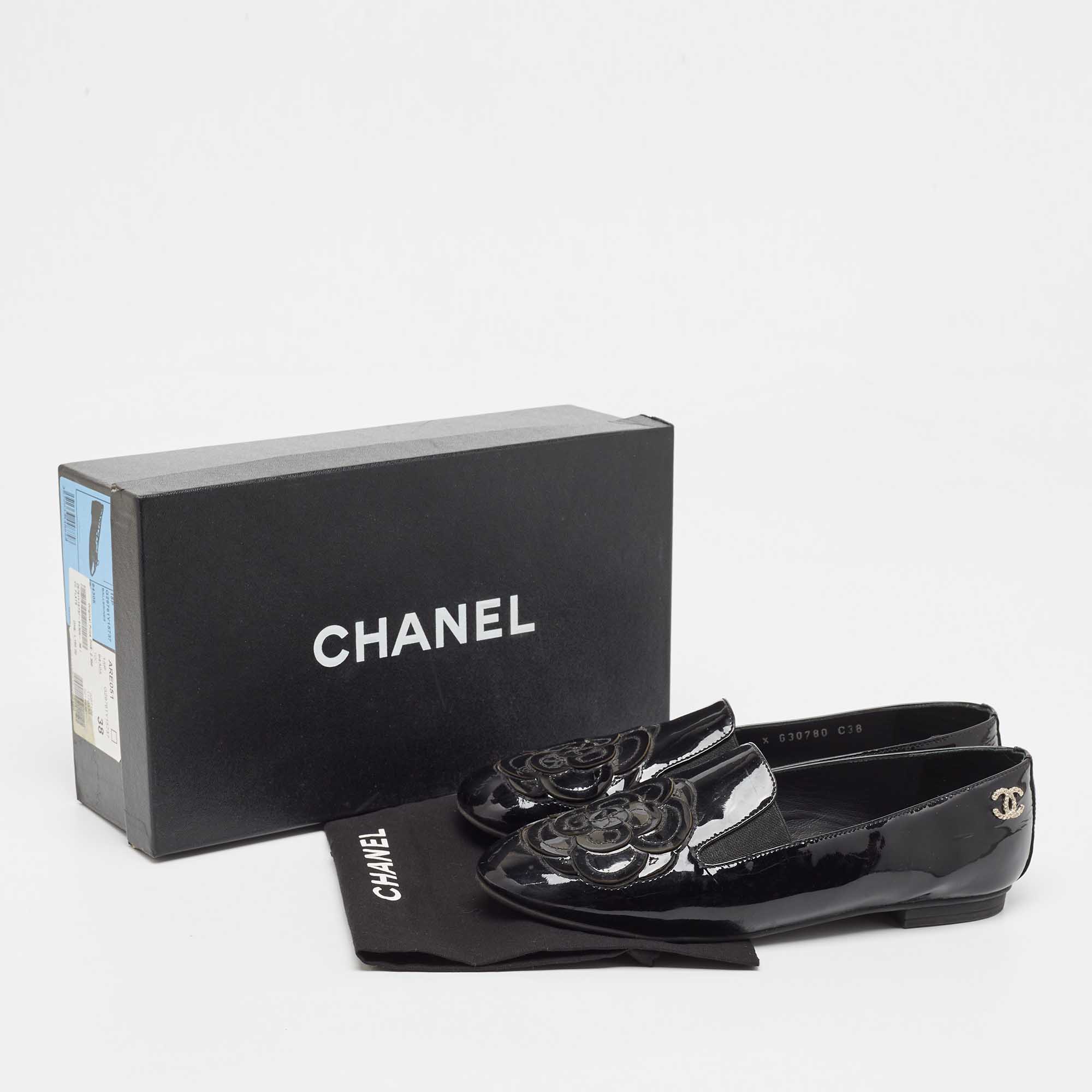 Chanel Black Patent Leather CC Camellia Loafers Size 38