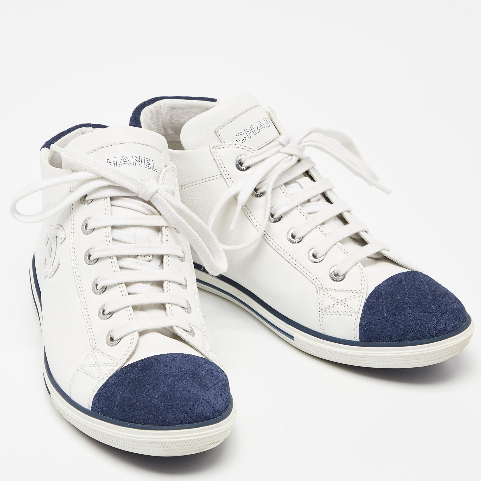 Chanel White/Blue Leather And Suede Lace Up High Top Sneakers Size 36