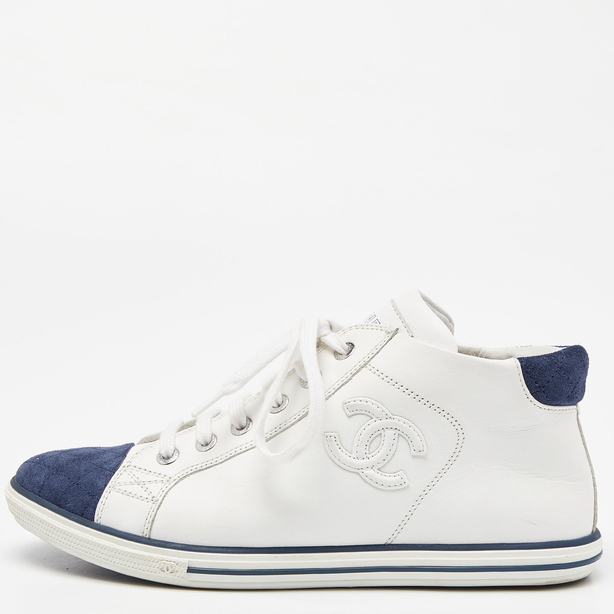 Chanel White/Blue Leather And Suede Lace Up High Top Sneakers Size 36