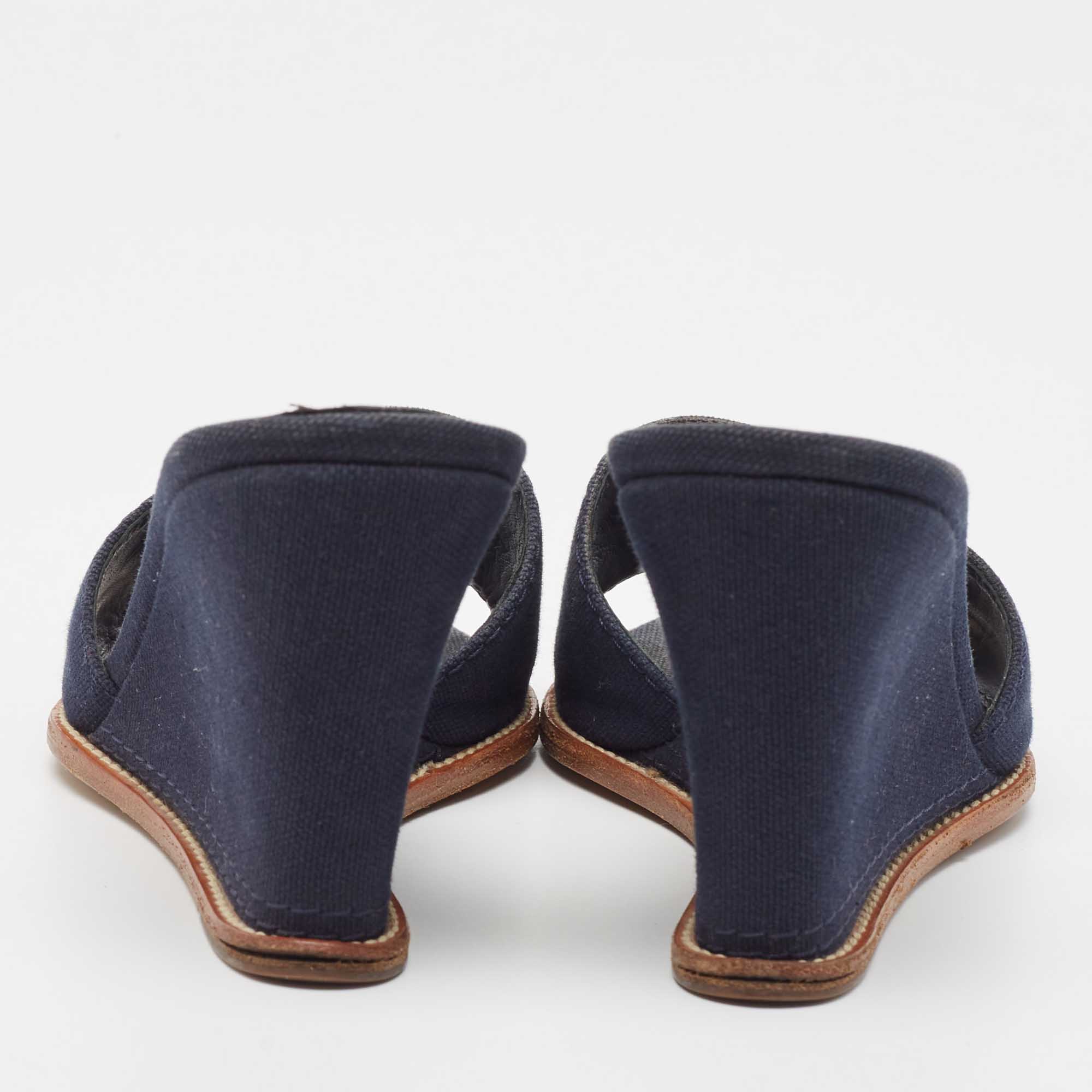 Chanel Navy Blue Canvas CC Wedge Slide Size 37.5