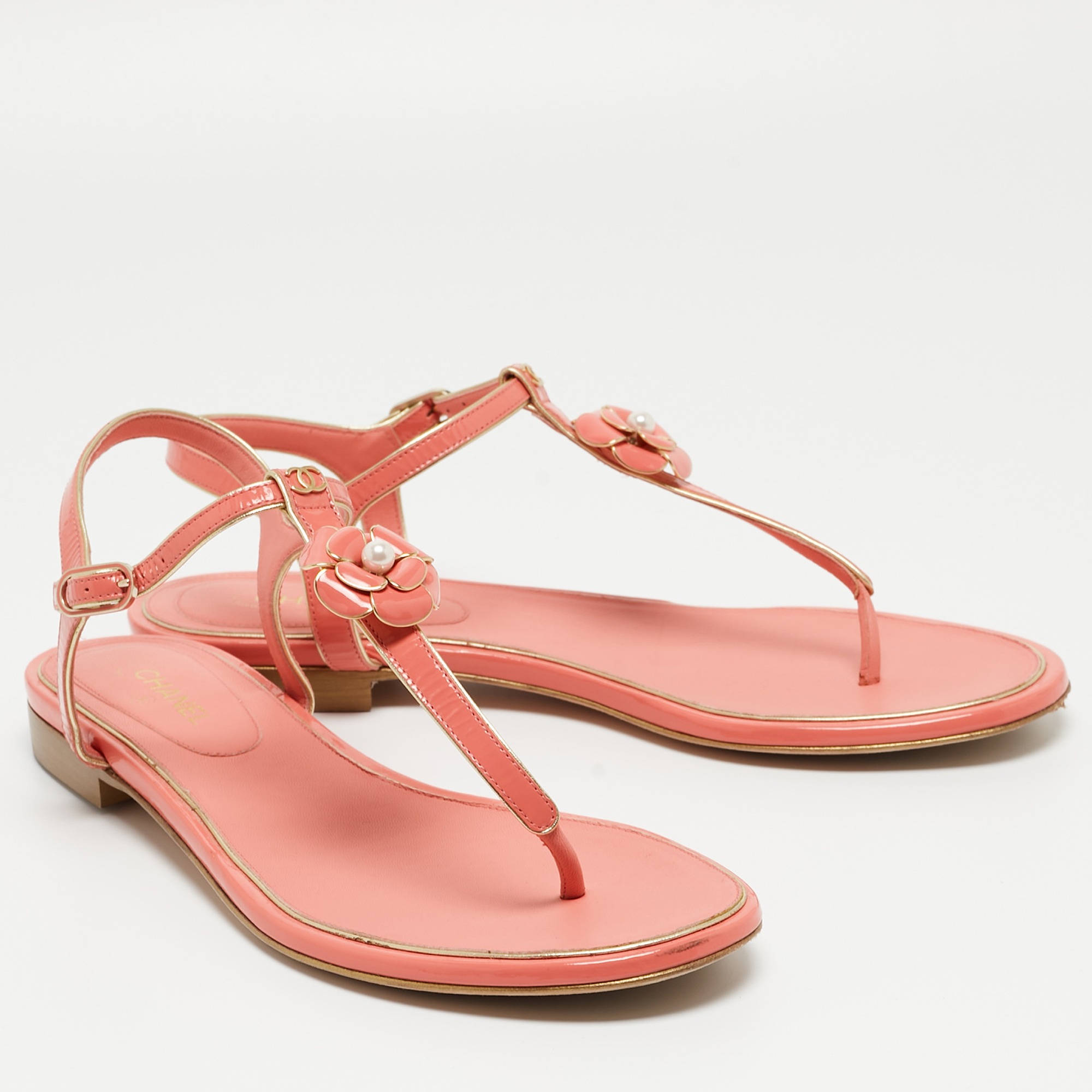 Chanel Coral Pink Patent CC Camellia Pearl Ankle Strap Flat Sandals Size 40