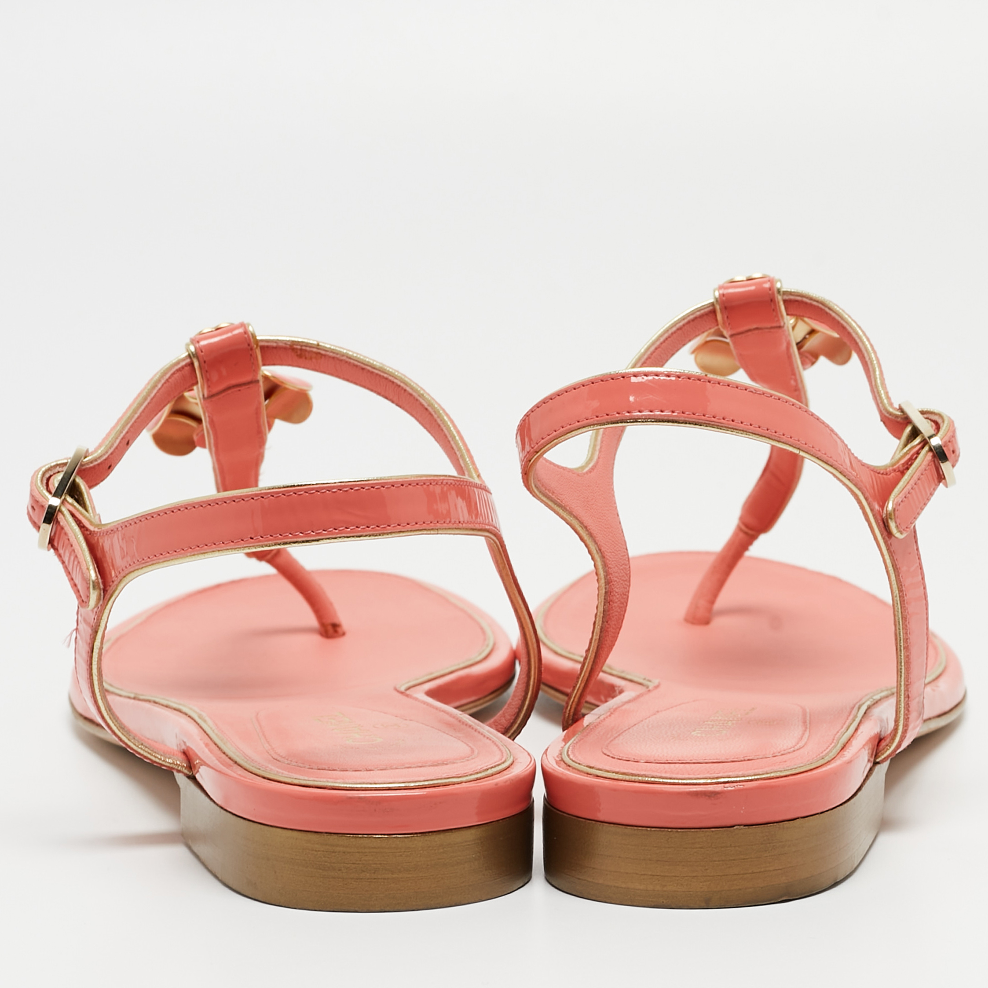 Chanel Coral Pink Patent CC Camellia Pearl Ankle Strap Flat Sandals Size 40