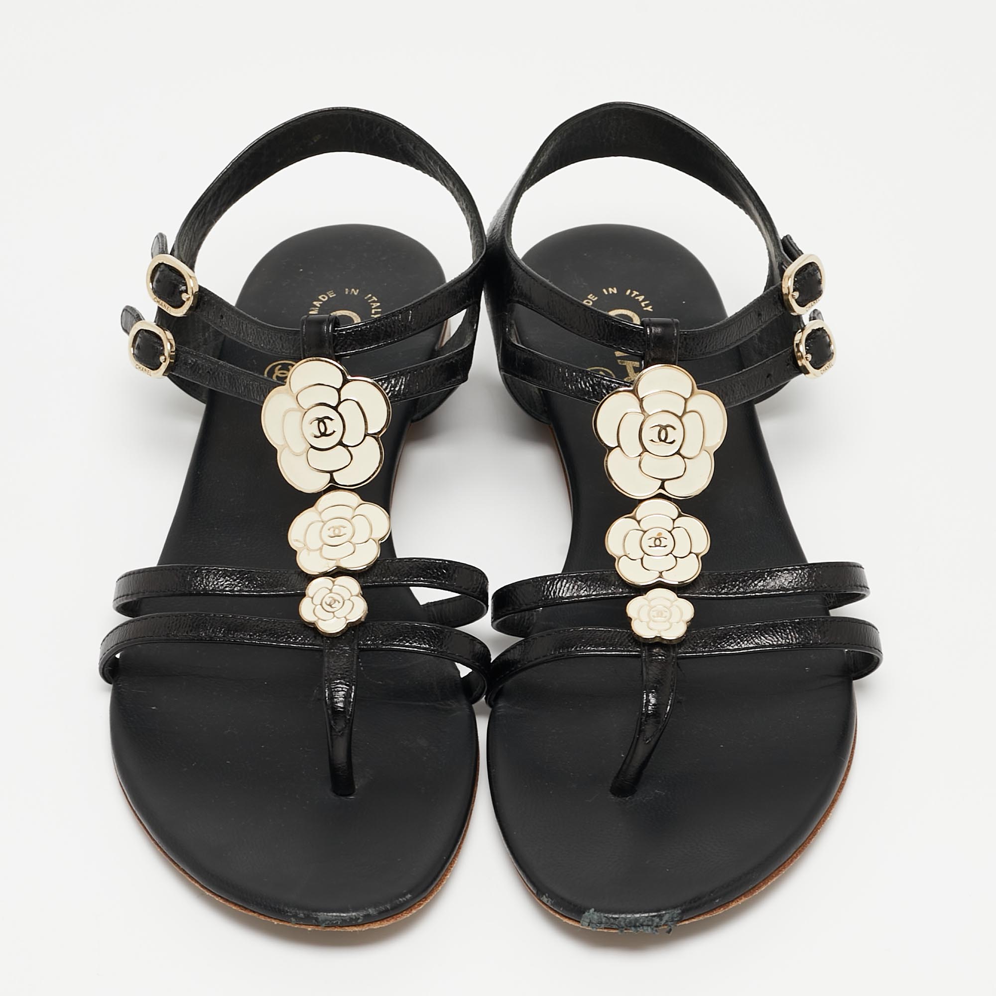 Chanel Black Leather CC Camellia Thong Flat Sandals Size 37.5
