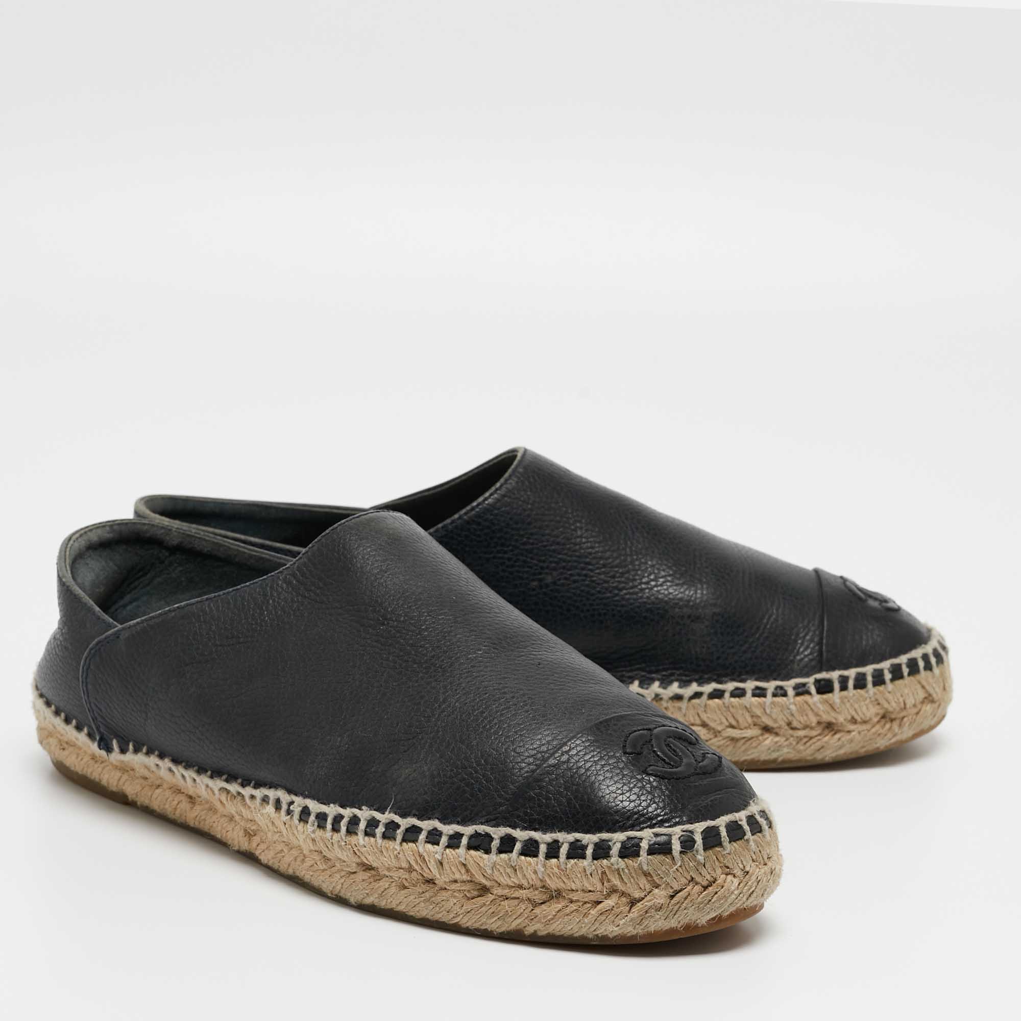 Chanel Navy Blue Leather Espadrille Flats Size 39