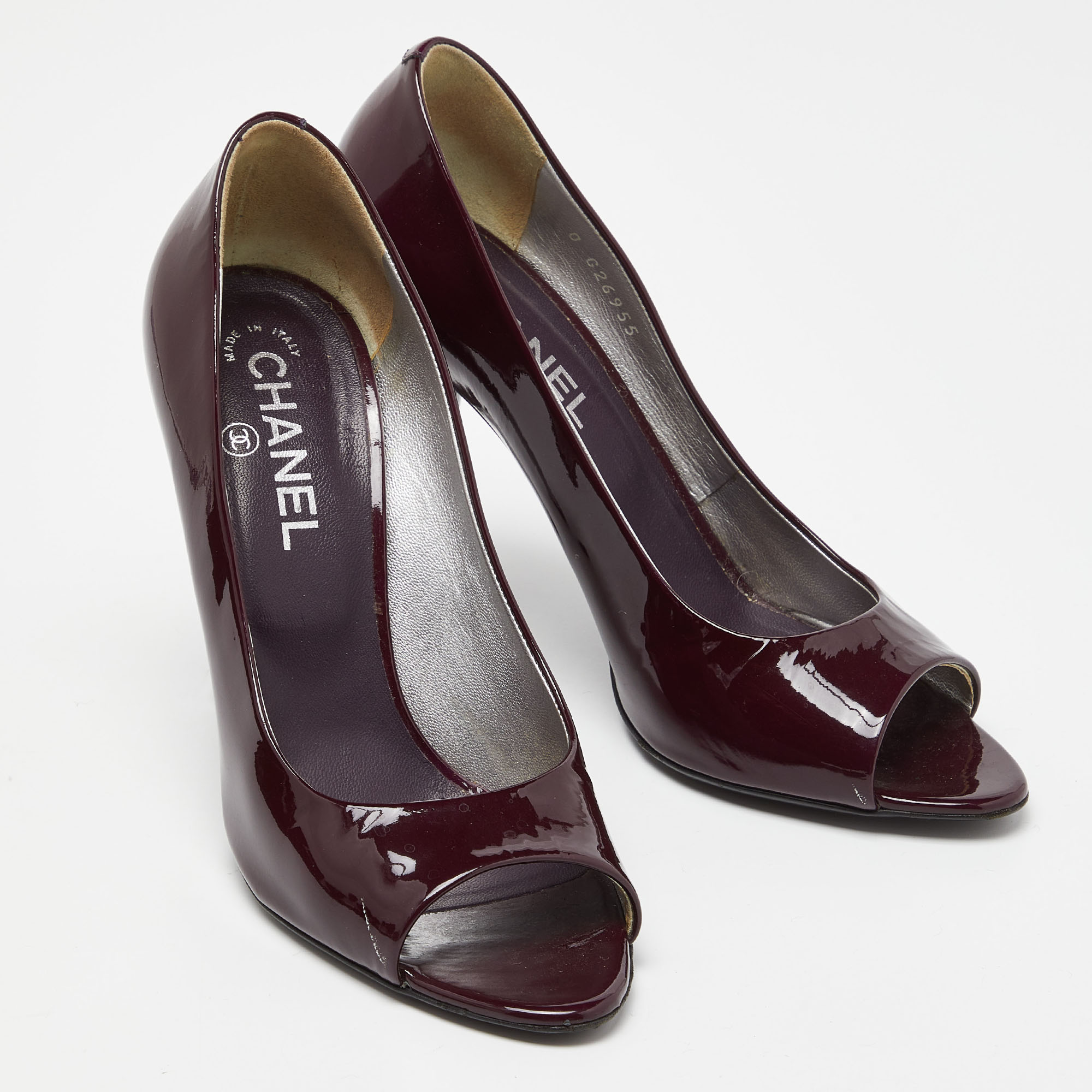 Chanel Purple/Silver Patent Leather Peep Toe CC Heel Pumps Size 39.5