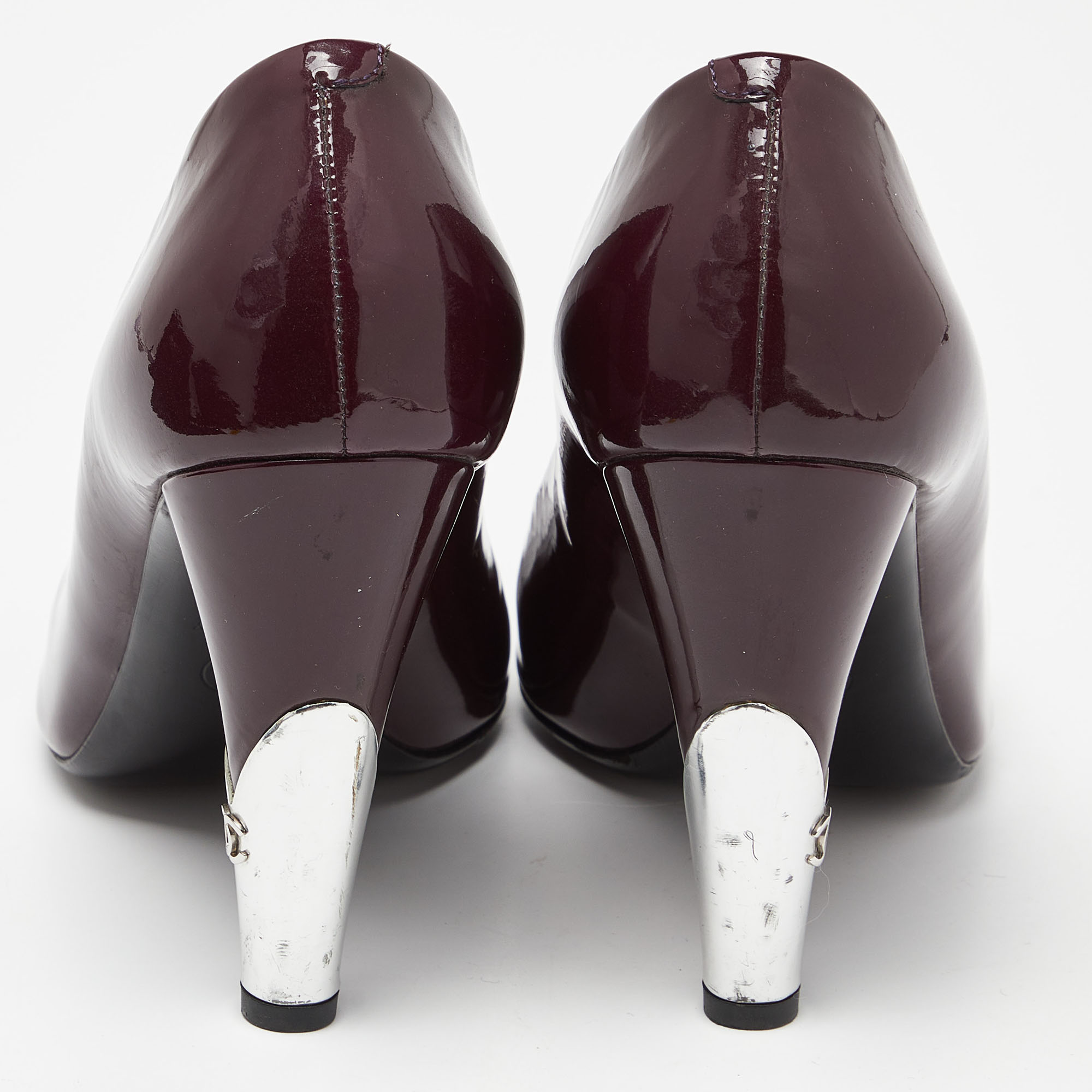 Chanel Purple/Silver Patent Leather Peep Toe CC Heel Pumps Size 39.5