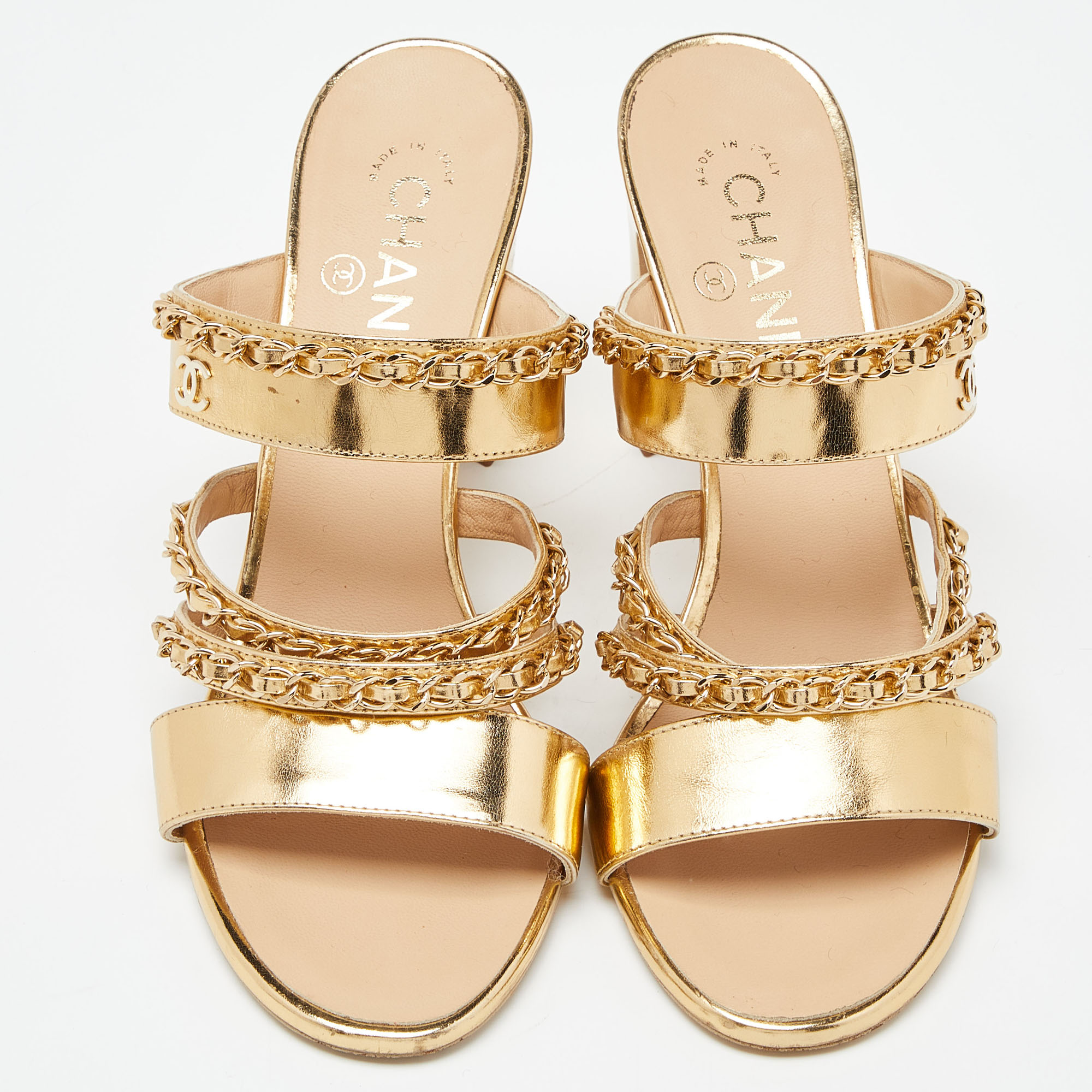 Chanel Gold Leather Chain Embellished Block Heel Slide Sandals Size 38.5