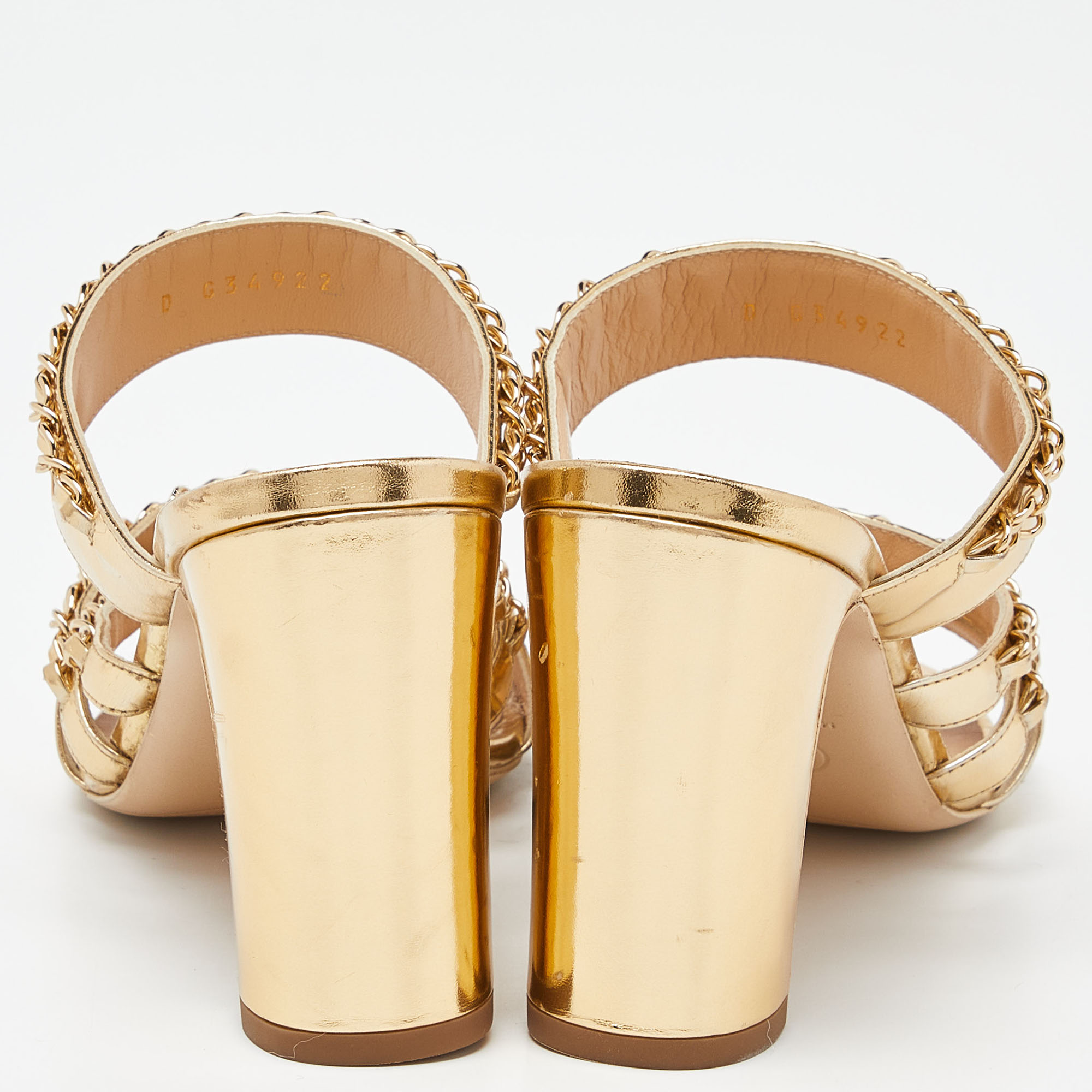 Chanel Gold Leather Chain Embellished Block Heel Slide Sandals Size 38.5
