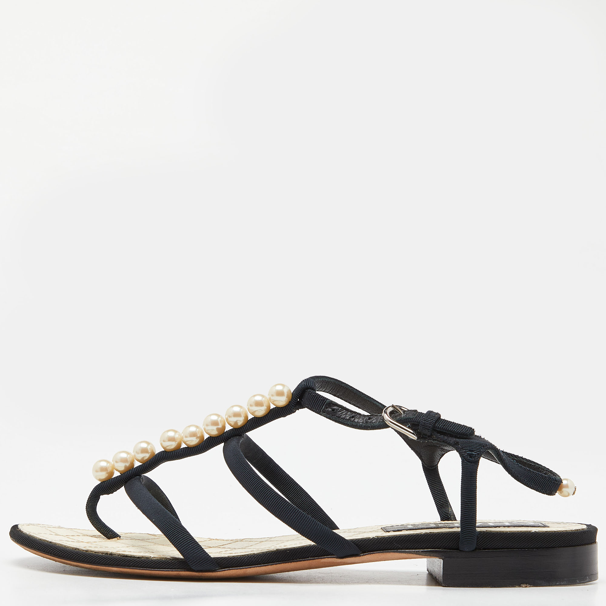 Chanel Black Canvas Pearl Embellished Thong Flat Sandals Size 37