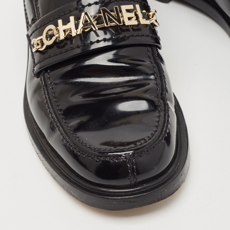 Chanel Black Leather Logo Slip On Loafers Size 36