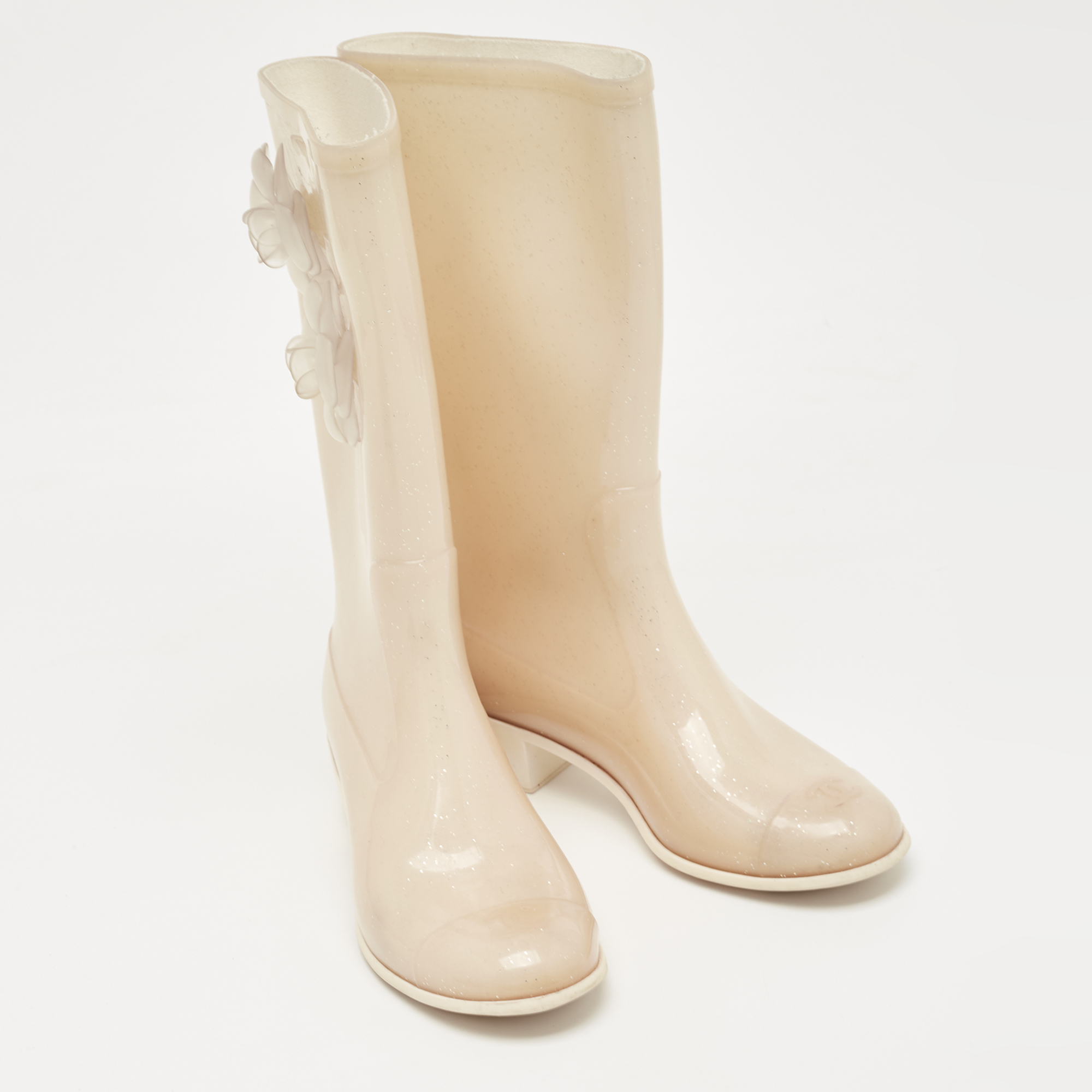 Chanel Beige Glitter Rubber CC Camellia Rain Boots Size 37