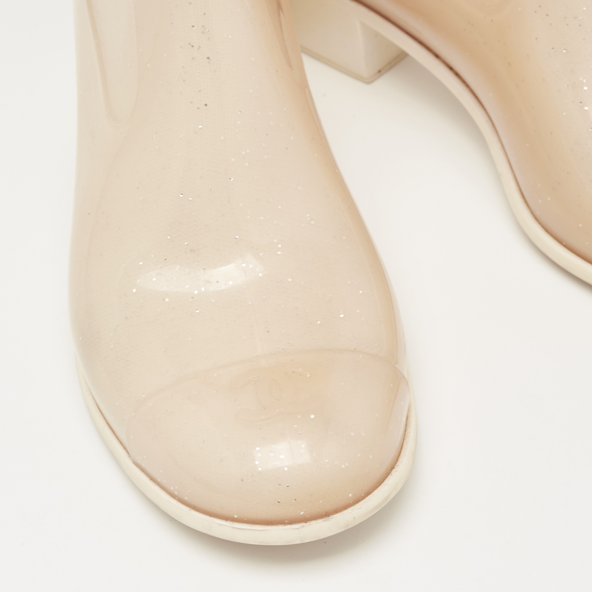 Chanel Beige Glitter Rubber CC Camellia Rain Boots Size 37