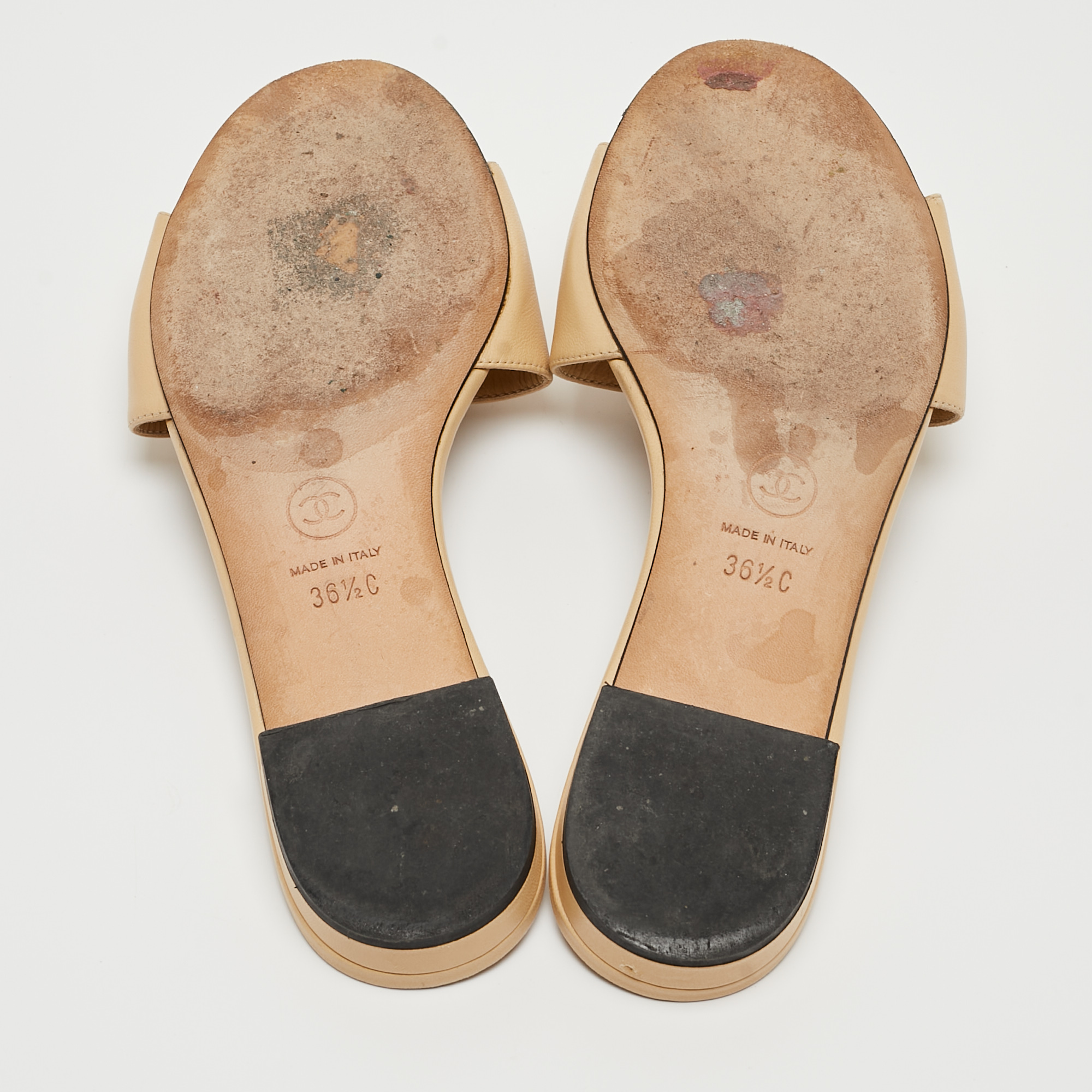 Chanel Beige Leather Camellia Open Toe Flat Slides Size 36.5