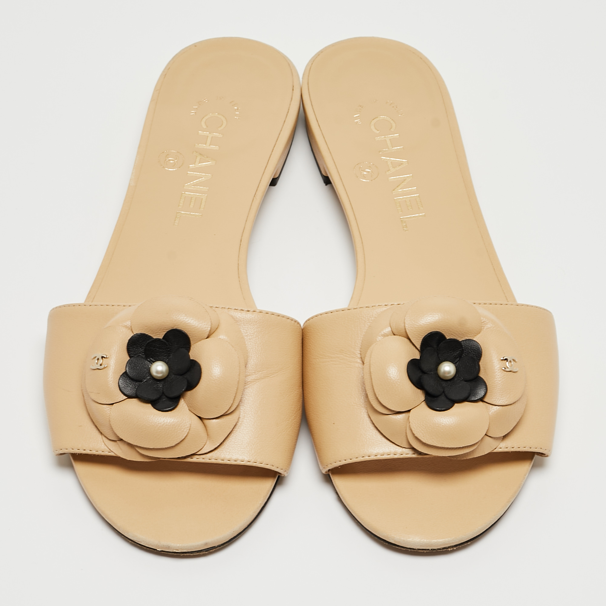 Chanel Beige Leather Camellia Open Toe Flat Slides Size 36.5