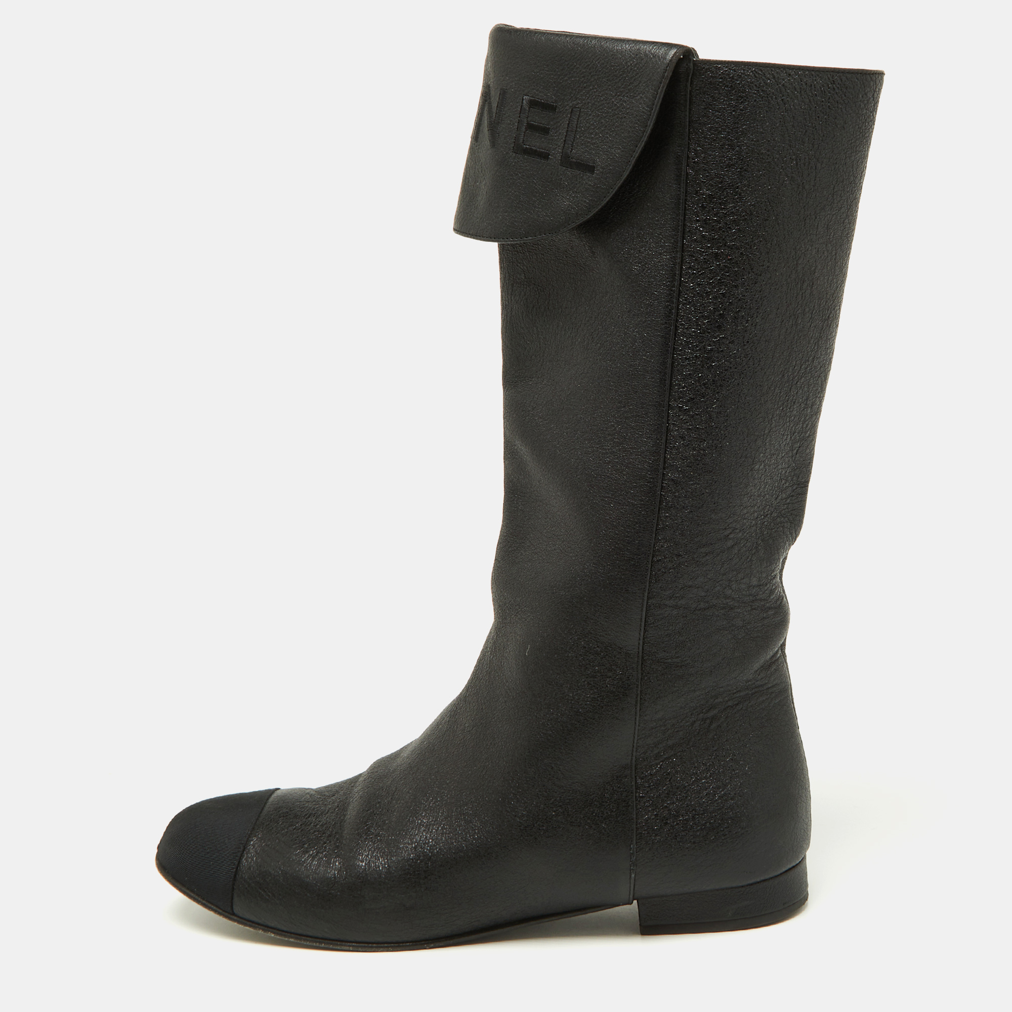Chanel black leather and grosgrain mid calf boots size 37.5