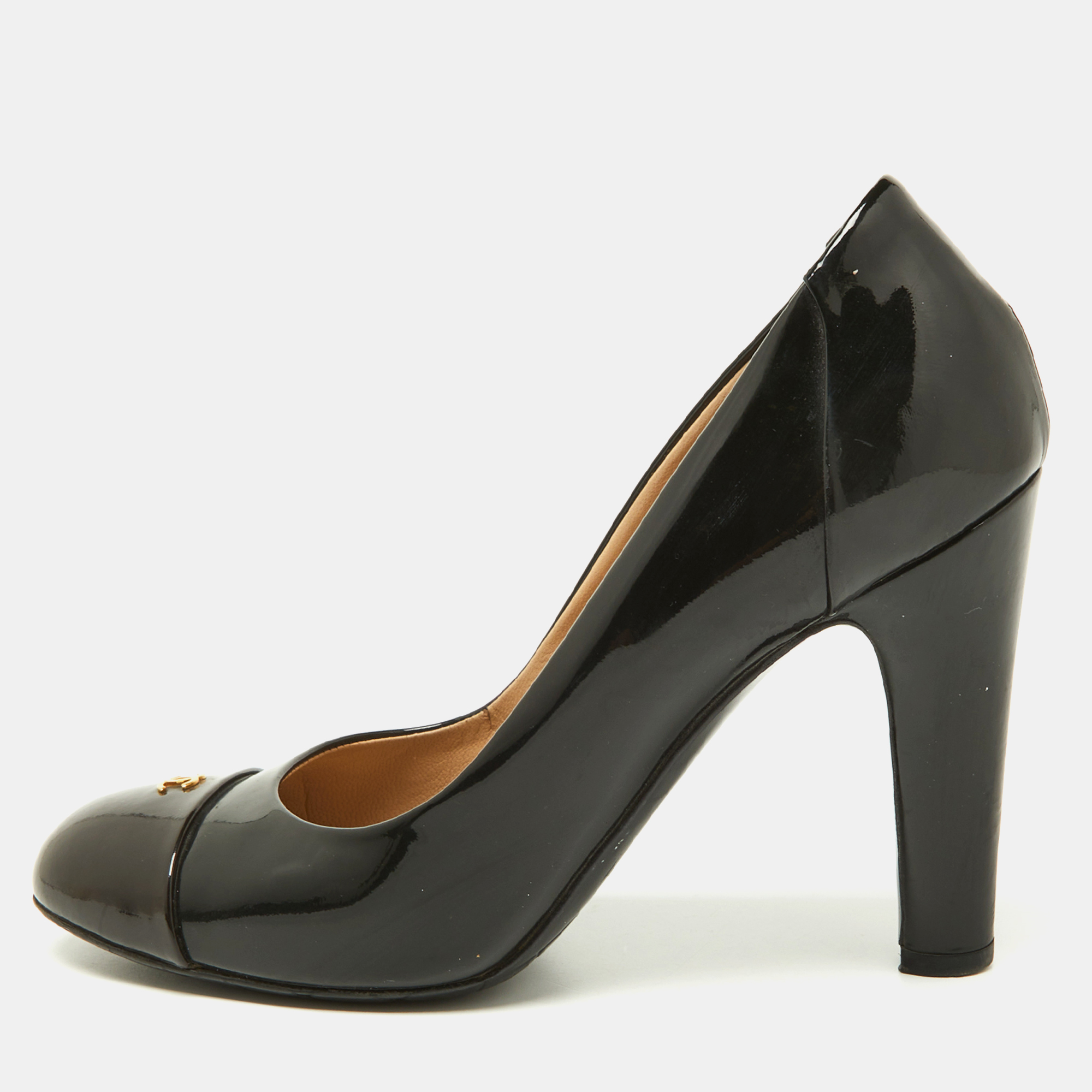 Chanel black/brown patent leather cc cap toe pumps size 36.5