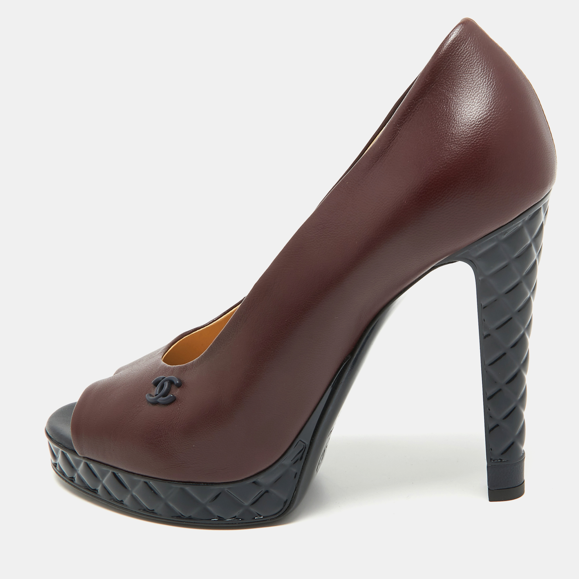 Chanel burgundy leather cc open toe platform pumps size 40